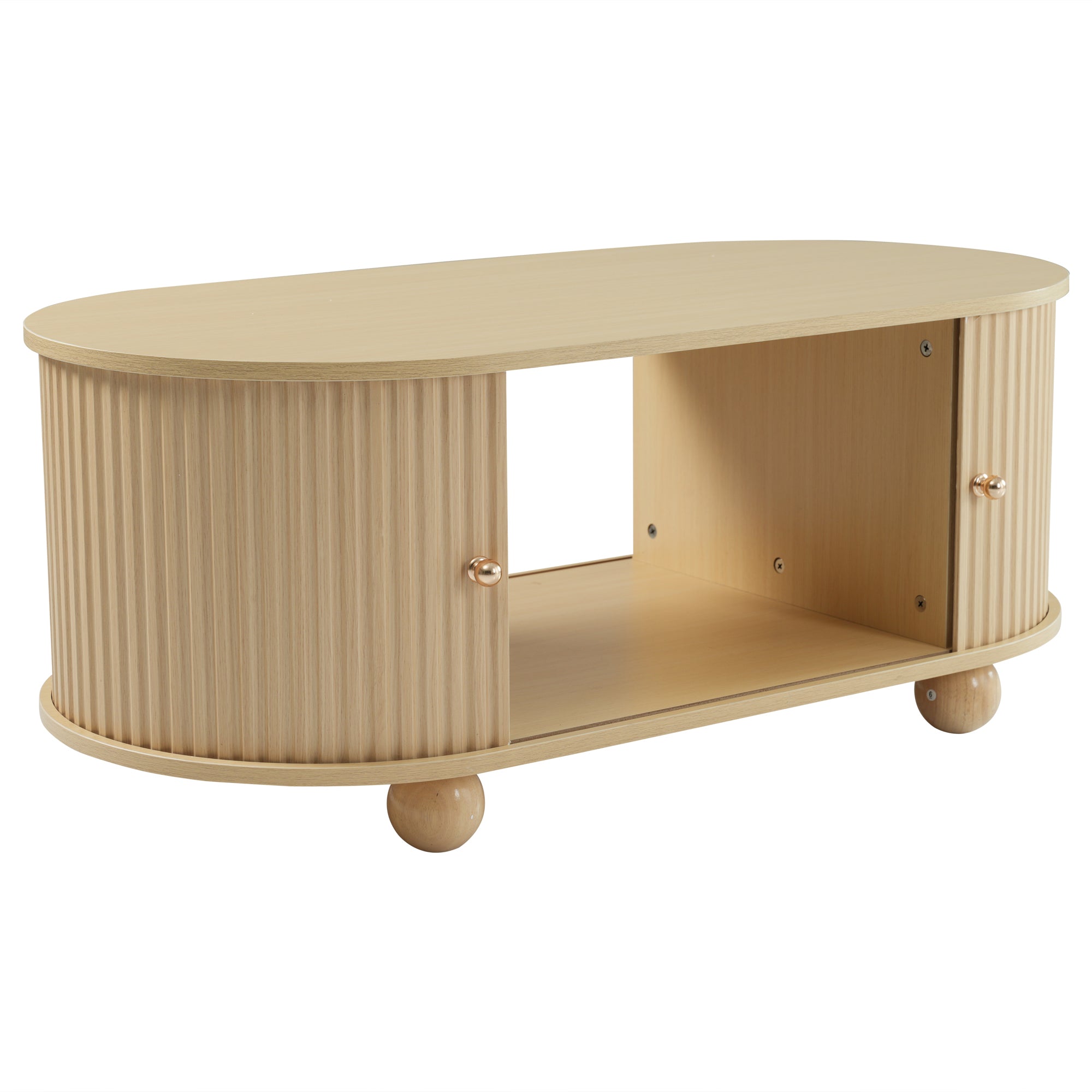 Oval Coffee Table with Storage and Sliding Doors, Multifunctional, Wood Colors