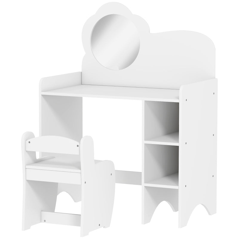Kids Dressing Table with Mirror Stool Shelves for Ages 3-8, White