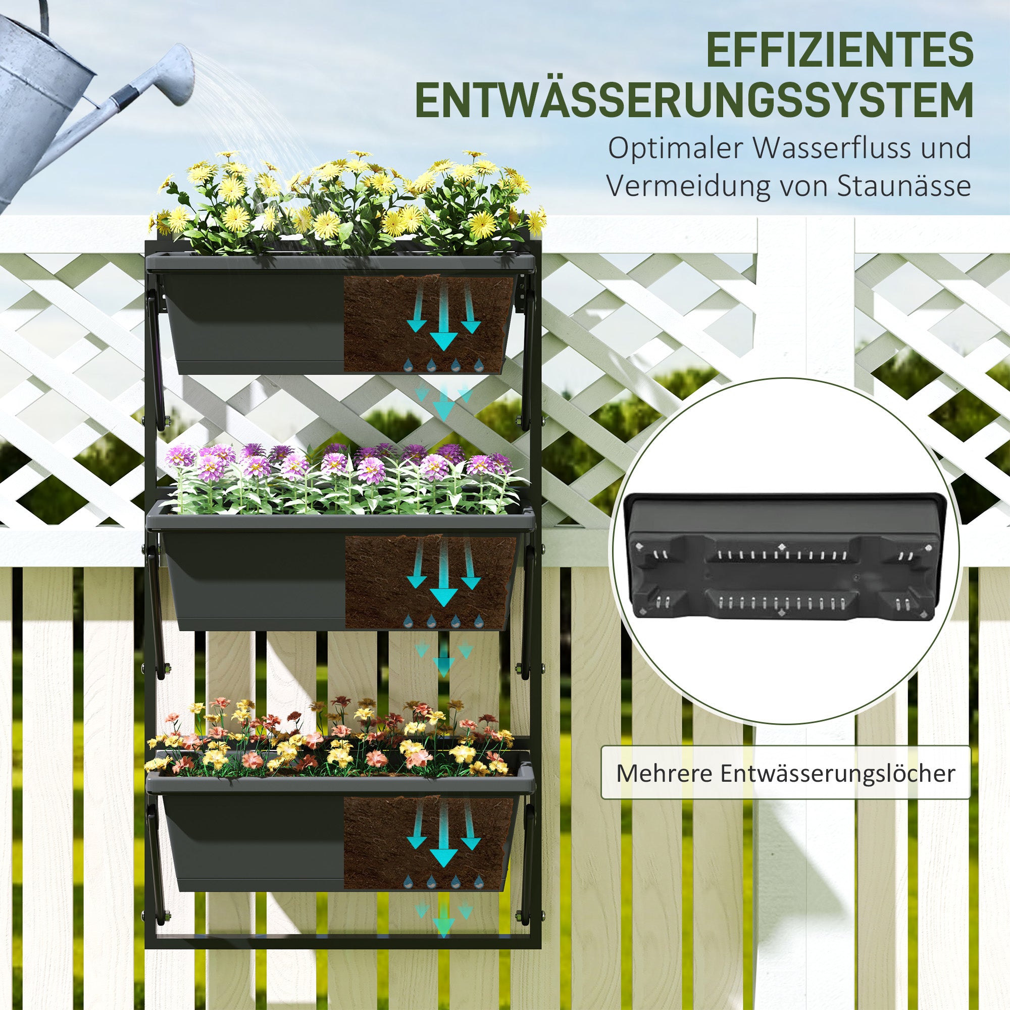 Flower Pots, Set of 3 with Holes, Square Plant Pots, Plastic, Dark Grey