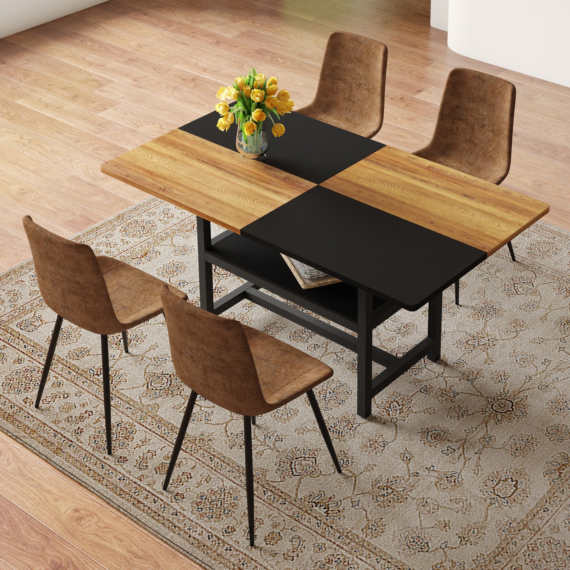 Dining Table Set, 160 cm Rectangular with Storage & 4 Chairs, Brown Tech-Fabric