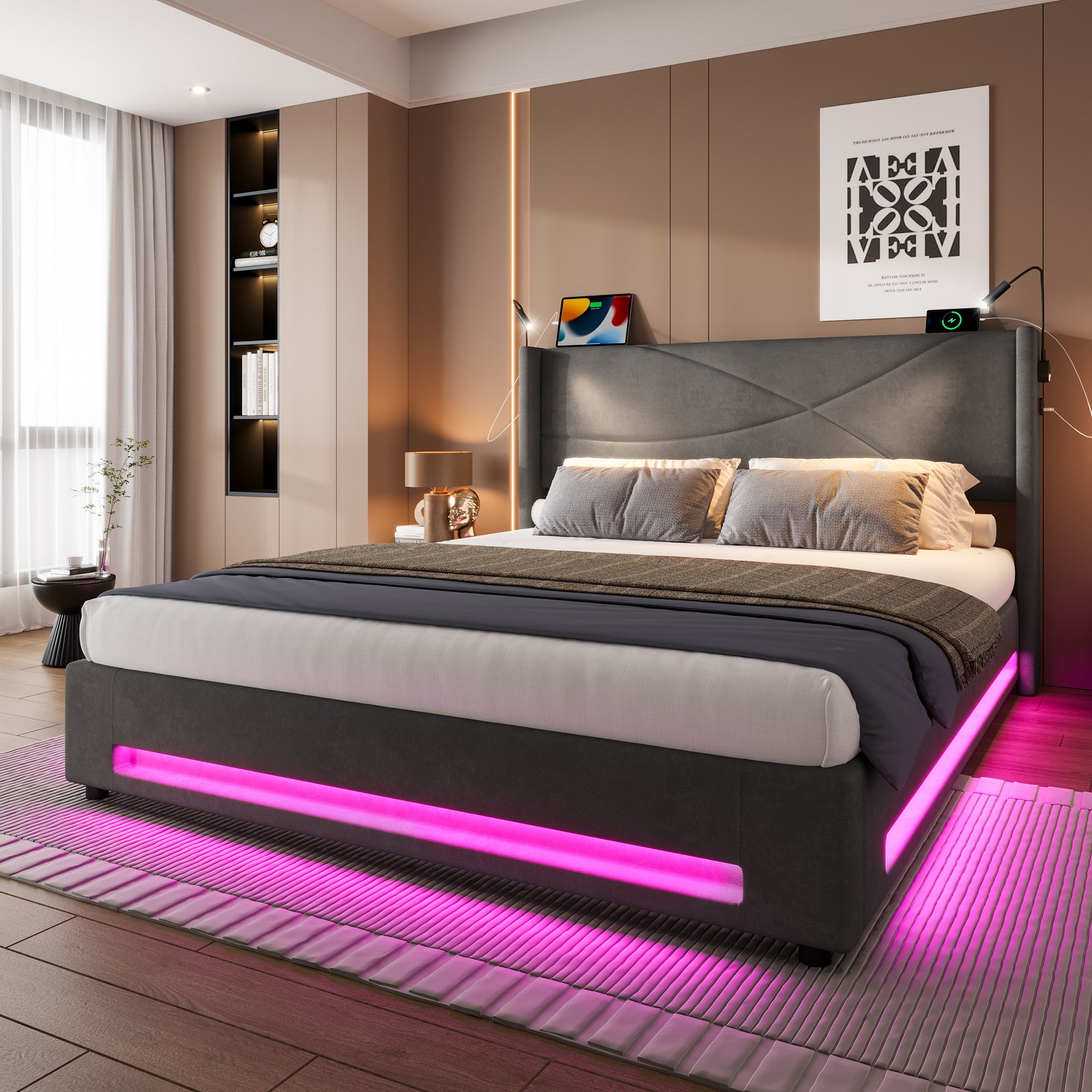 Bed Frame, Modern Design 160x200cm, Hydraulic Storage, LED Lights, USB Ports