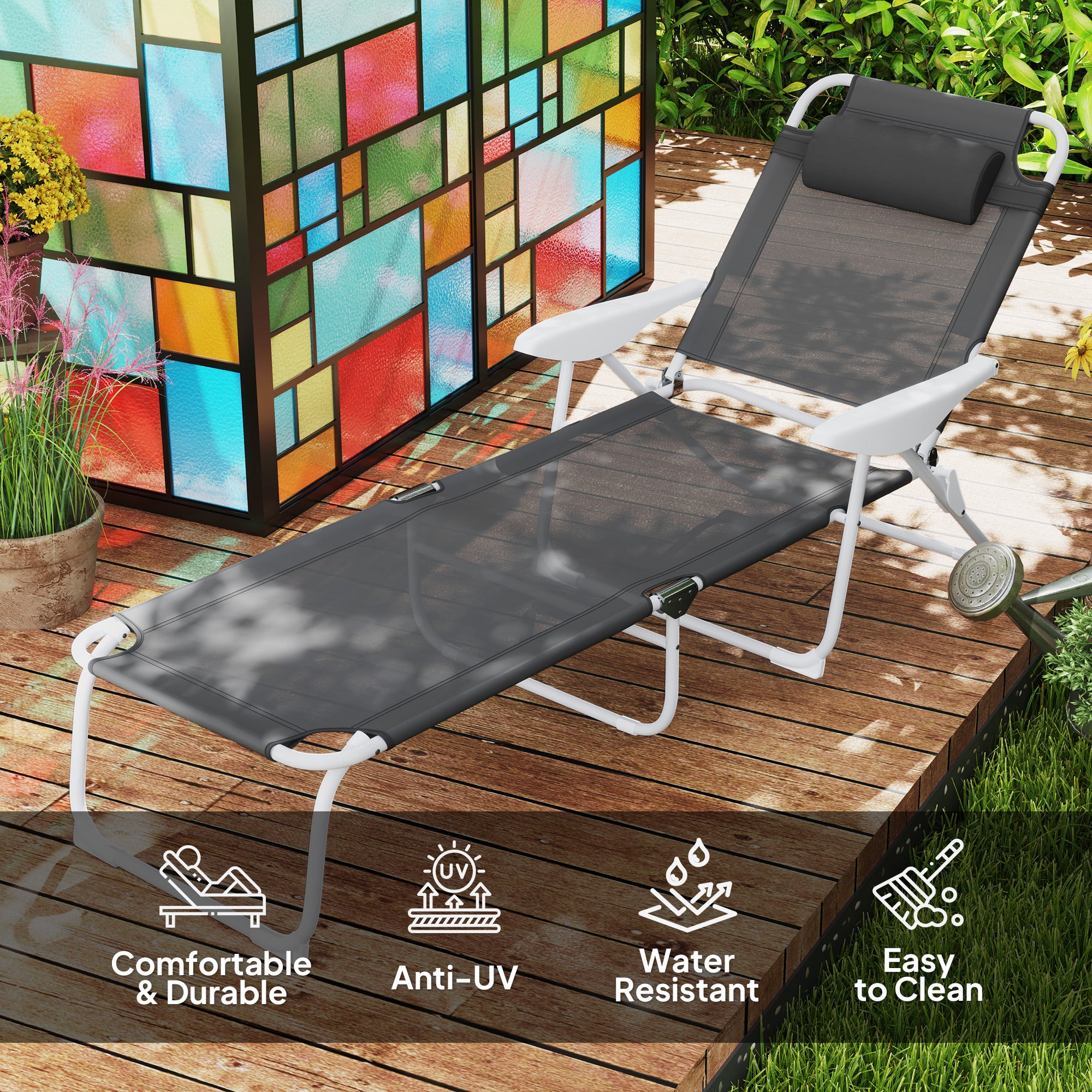 Foldable Lounge Chair, 4-Level Adjustable Backrest & Headrest, Charcoal Grey