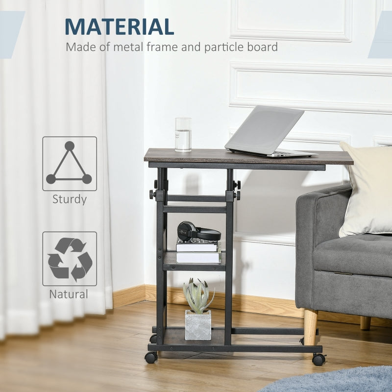 C-Shaped Side Table, Mobile Rolling Desk with 3-Tier Storage and Adjustable Height, Engineered Wood