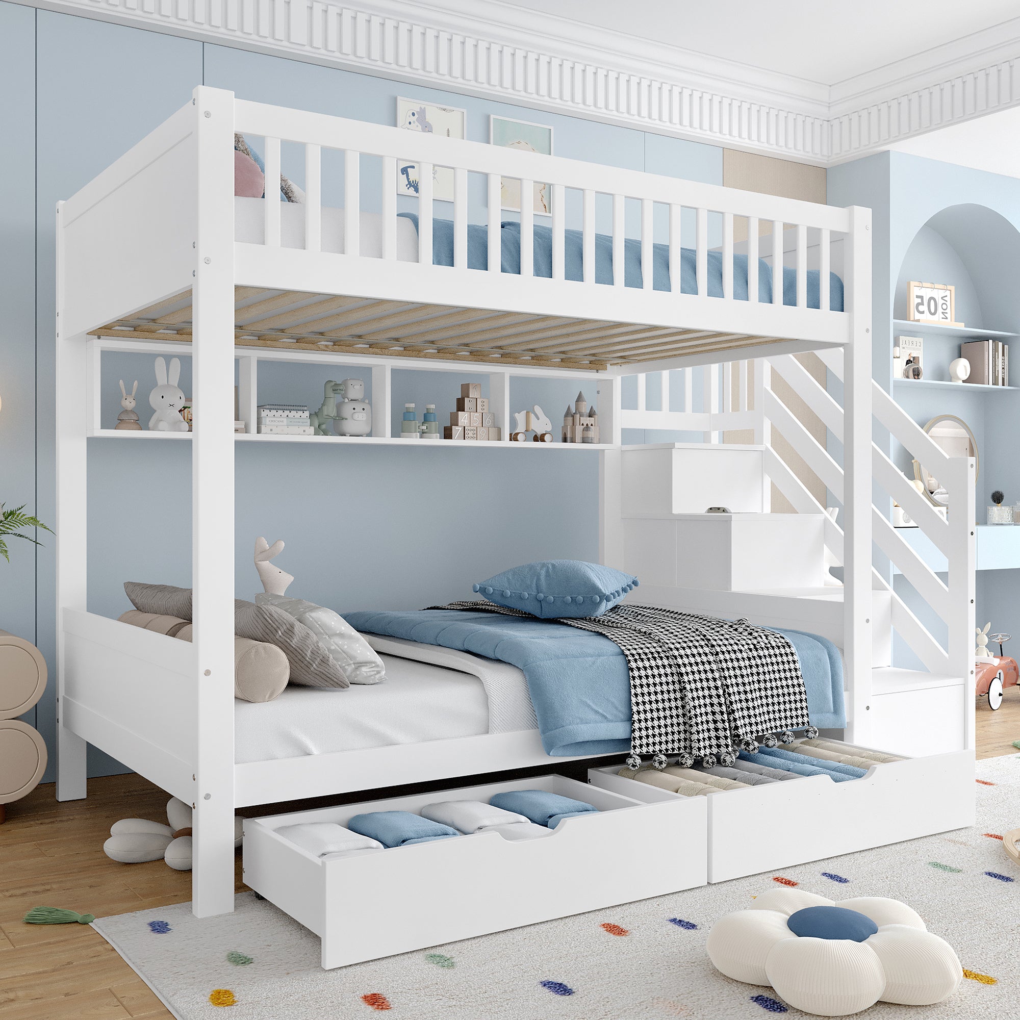 Bunk Bed with Drawer, Shelf, Wardrobe, Storage, 90x200cm, White