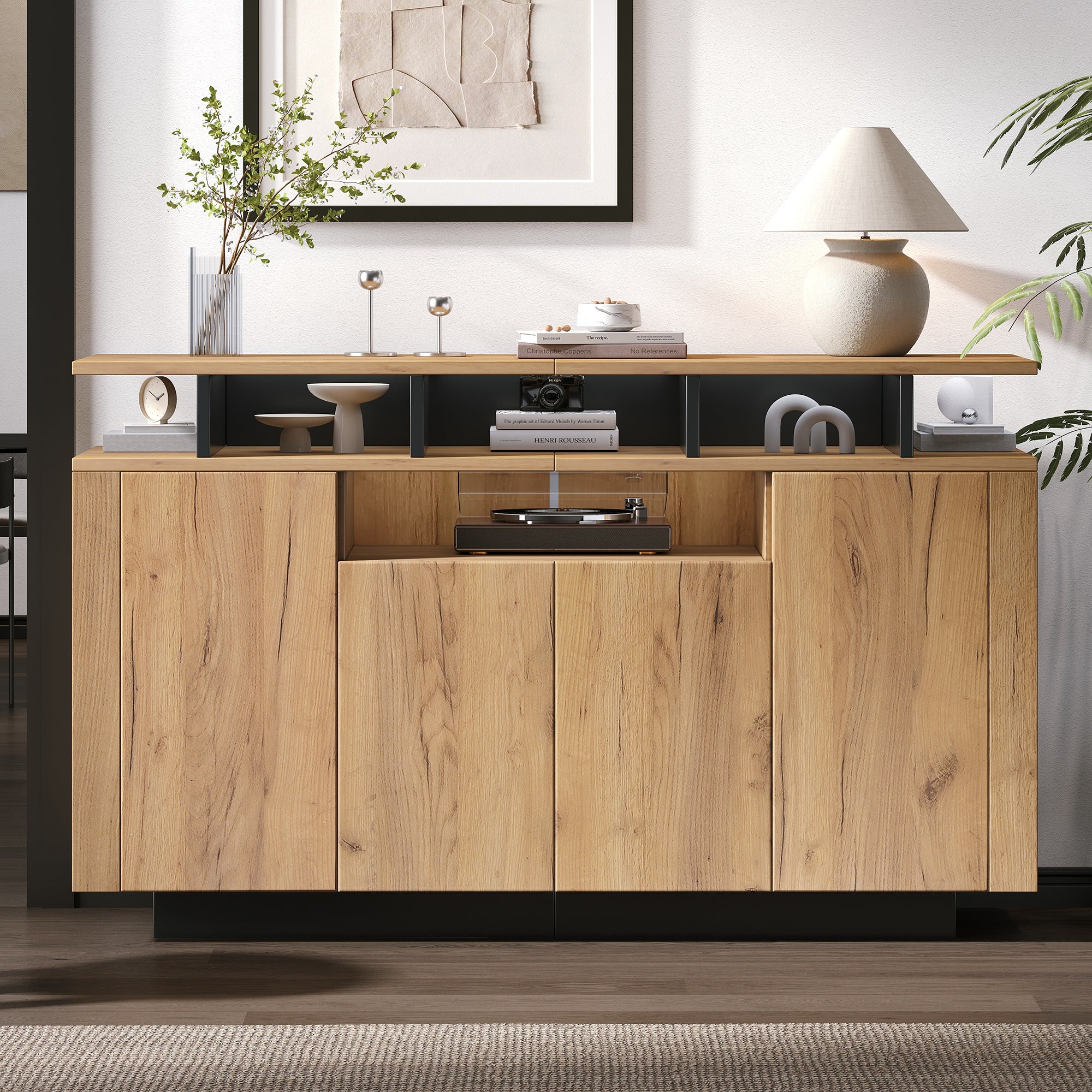 Sideboard Chest of Drawers with 4 Doors and 3 Open Compartments, Natural