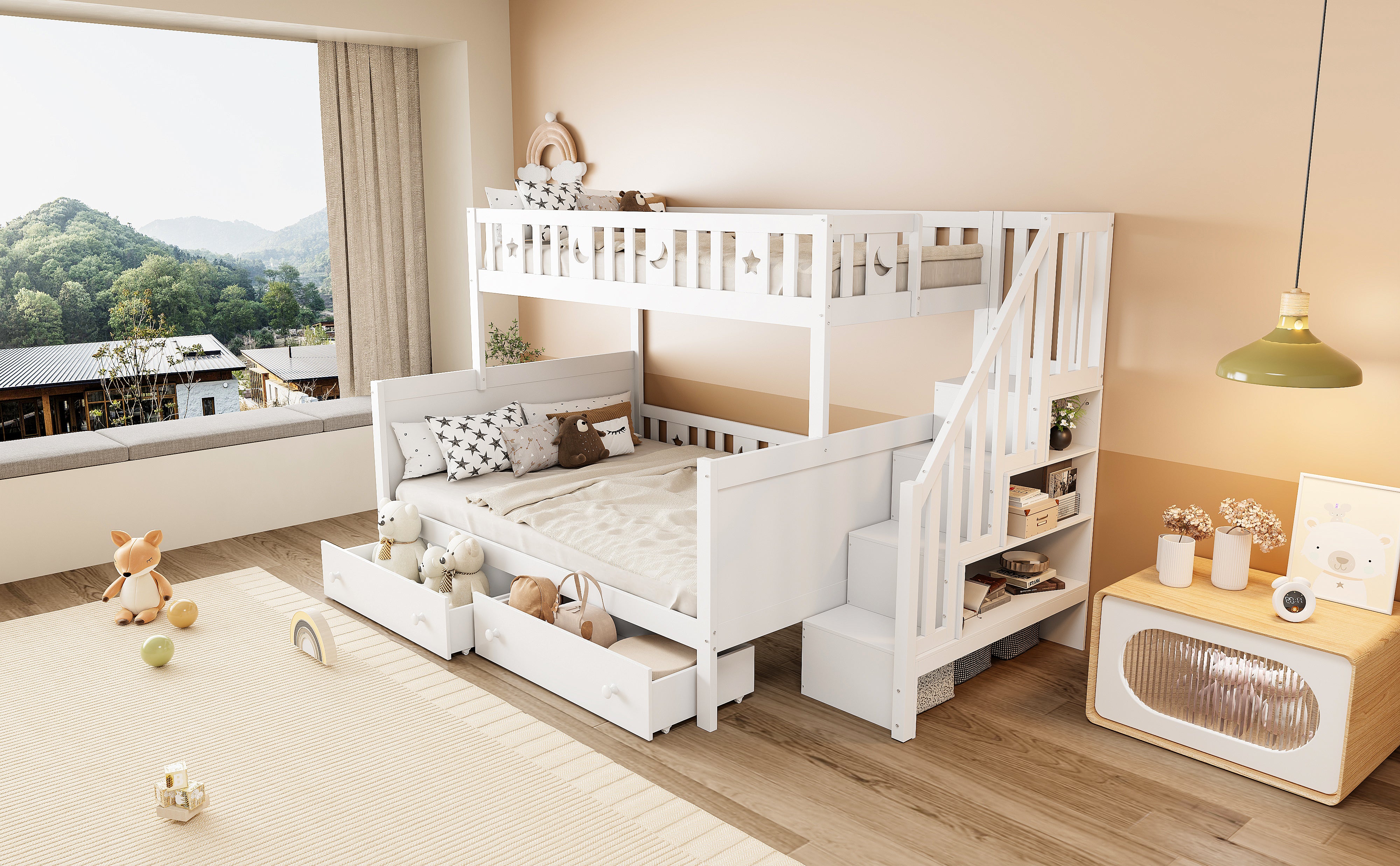 Children's Bunk Bed 90*200/140*200cm Safety Stairs Drawers Slatted Base, Solid Wood White