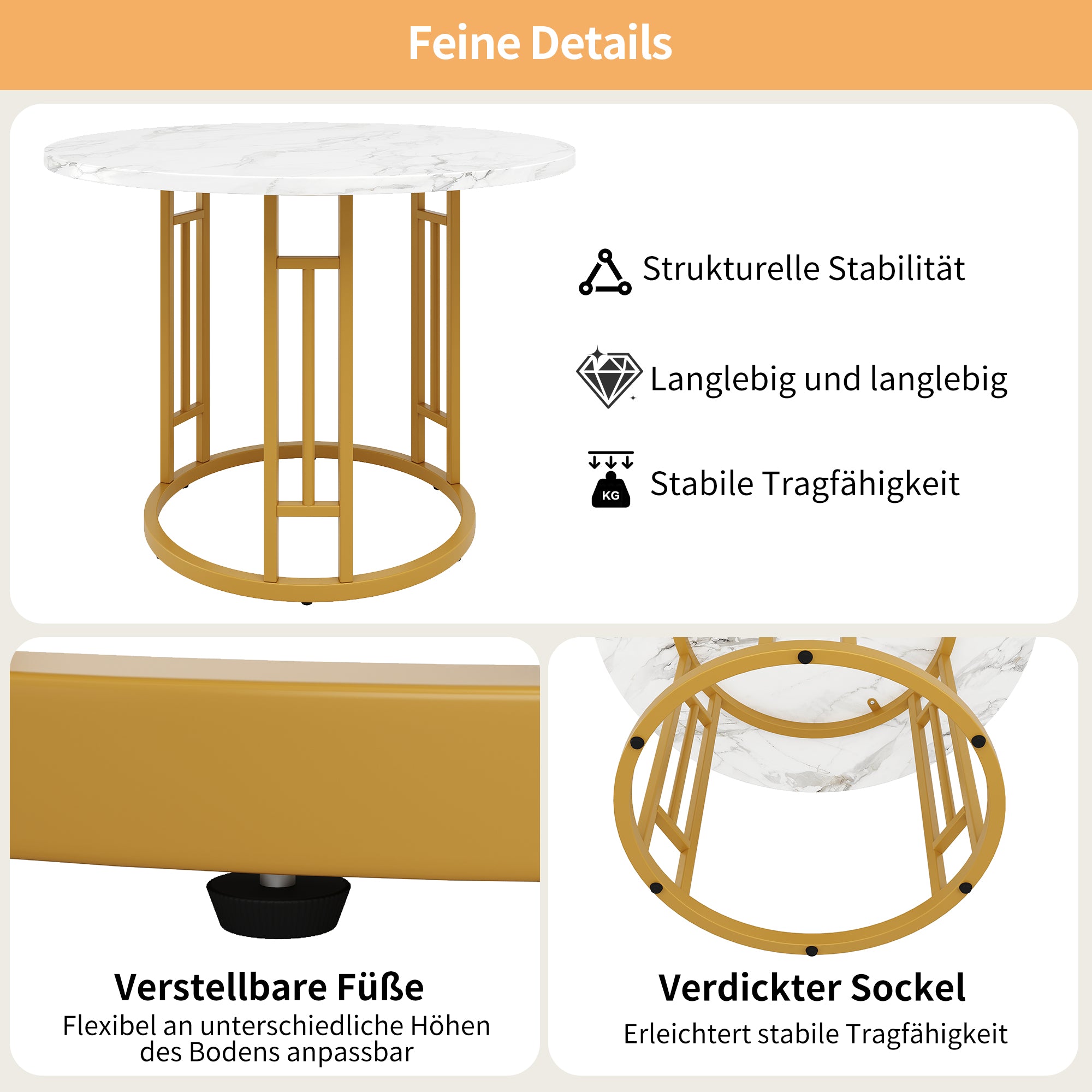 Round Dining Table 80x76cm 4-Person Marble Tabletop Metal Legs Gold