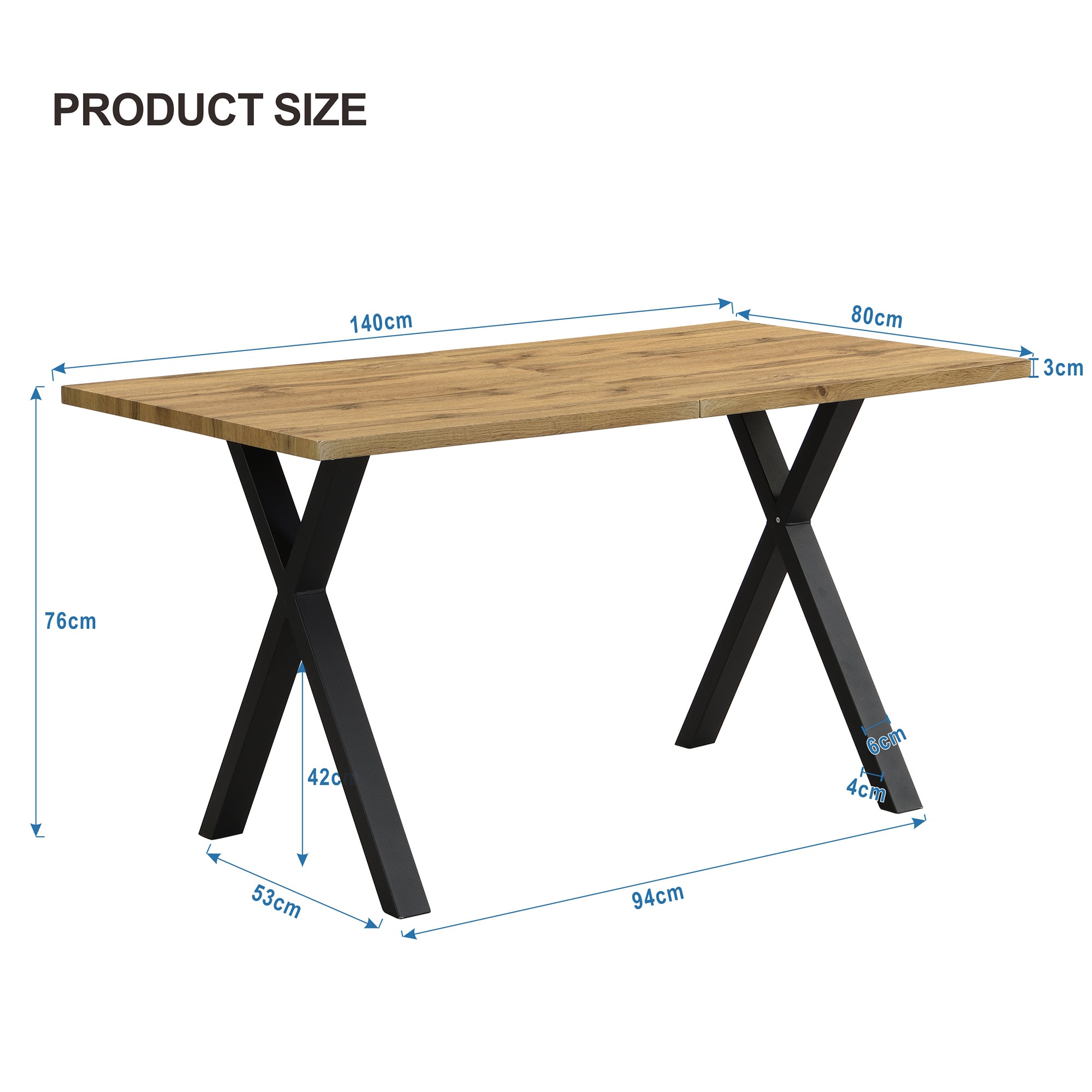 Dining Table Rectangular Crossed Legs 140x80x76cm - Oak/Black