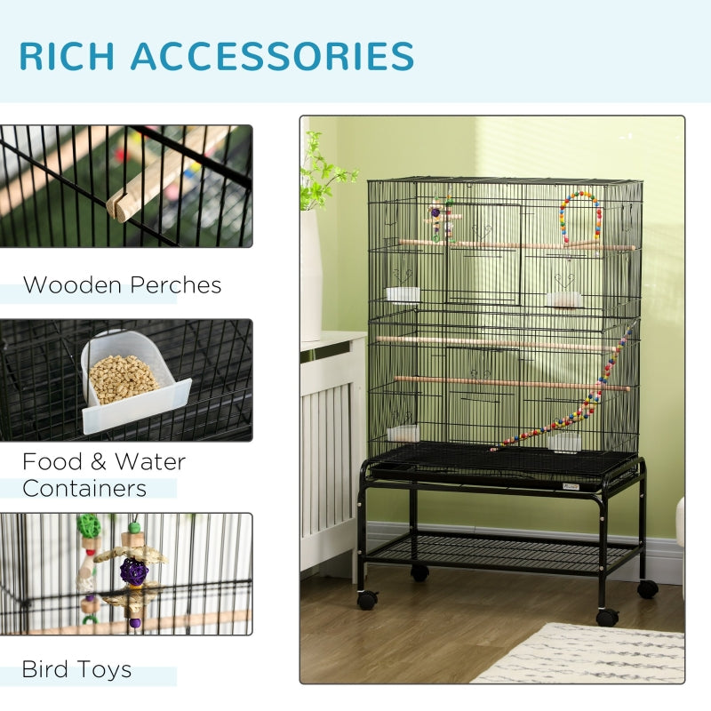 Large Bird Cage Budgie Cage with Stand, Wheels, Accessories, Storage Shelf - Black
