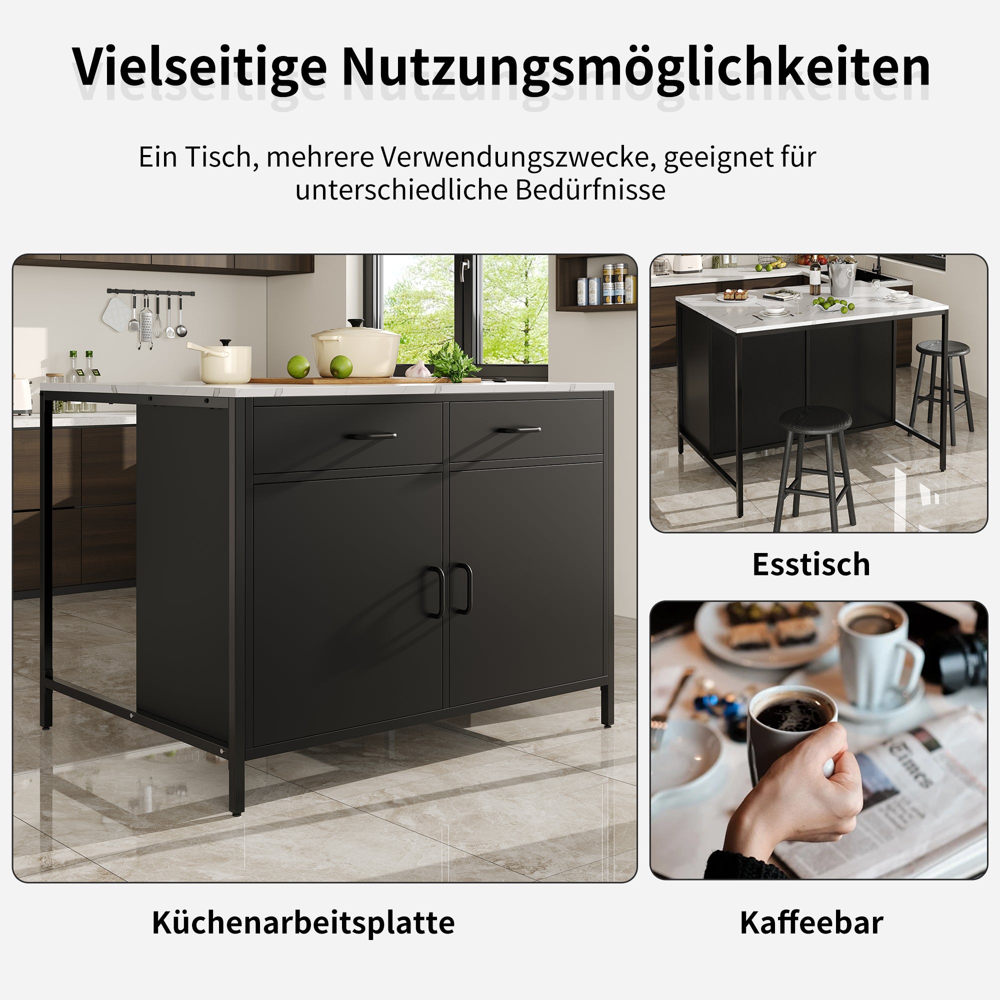 Black Bar Table with Marble Texture Tabletop and Adjustable Feet, MDF