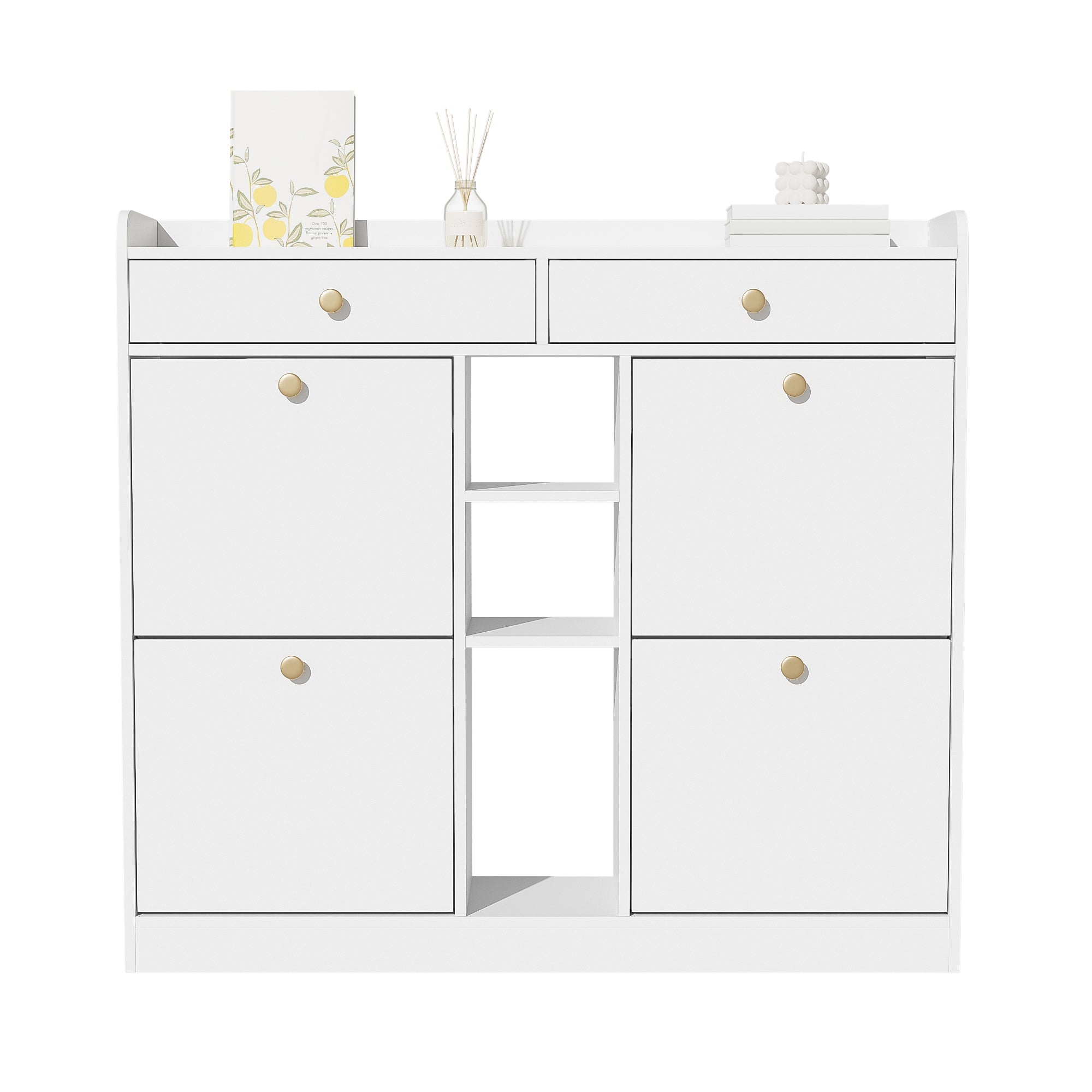 Shoe Cabinet with 4 Hinged Doors, 2 Drawers, 3 Open Compartments, White