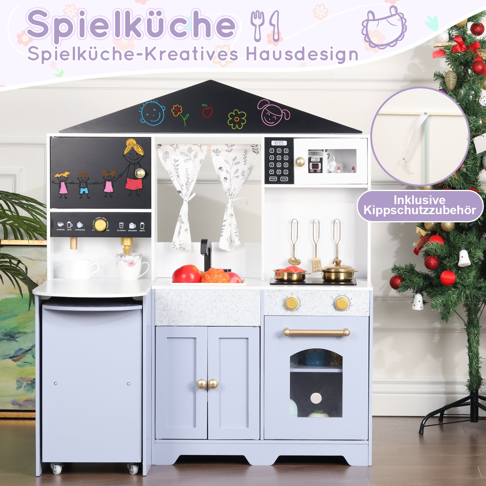 Children's Play Kitchen with Creative House Design and Accessories, White and Purple