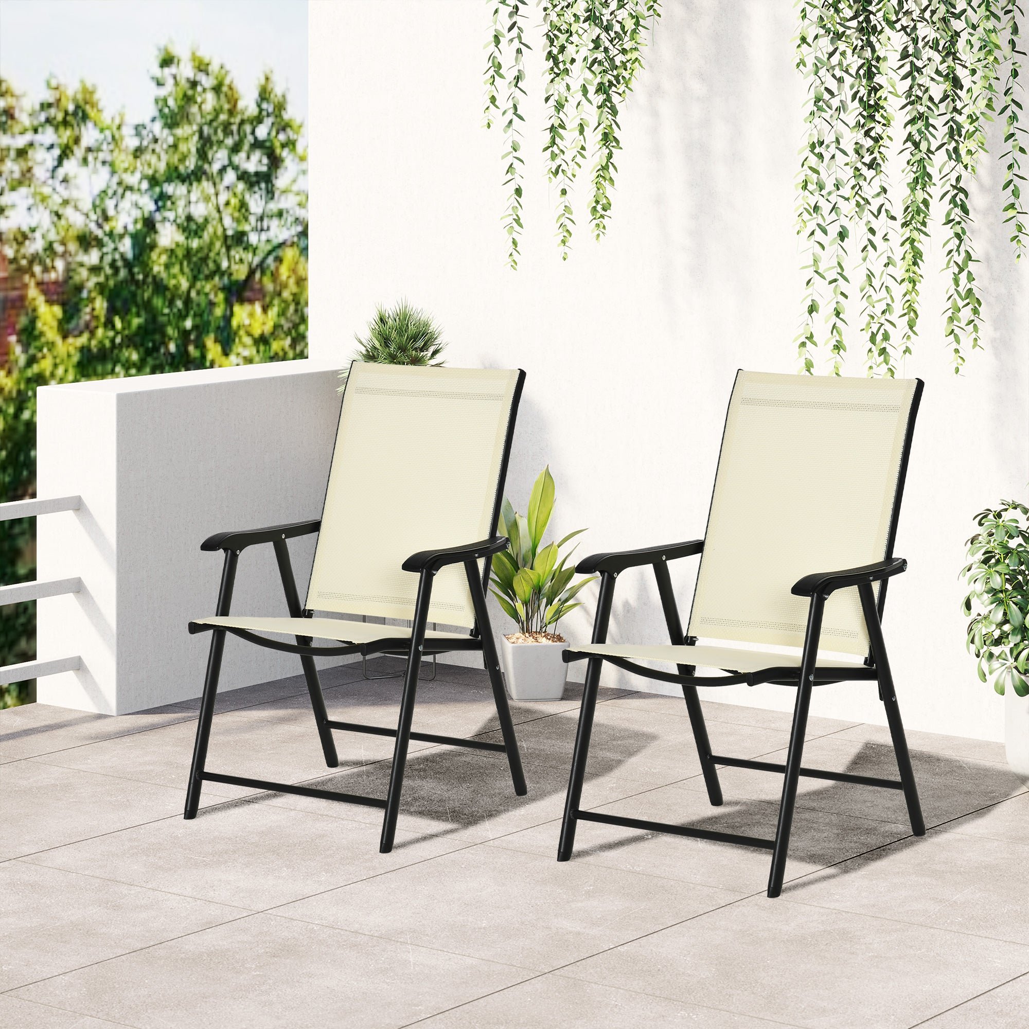 Set of Two Folding Garden Chairs, Portable Outdoor Seating, Beige