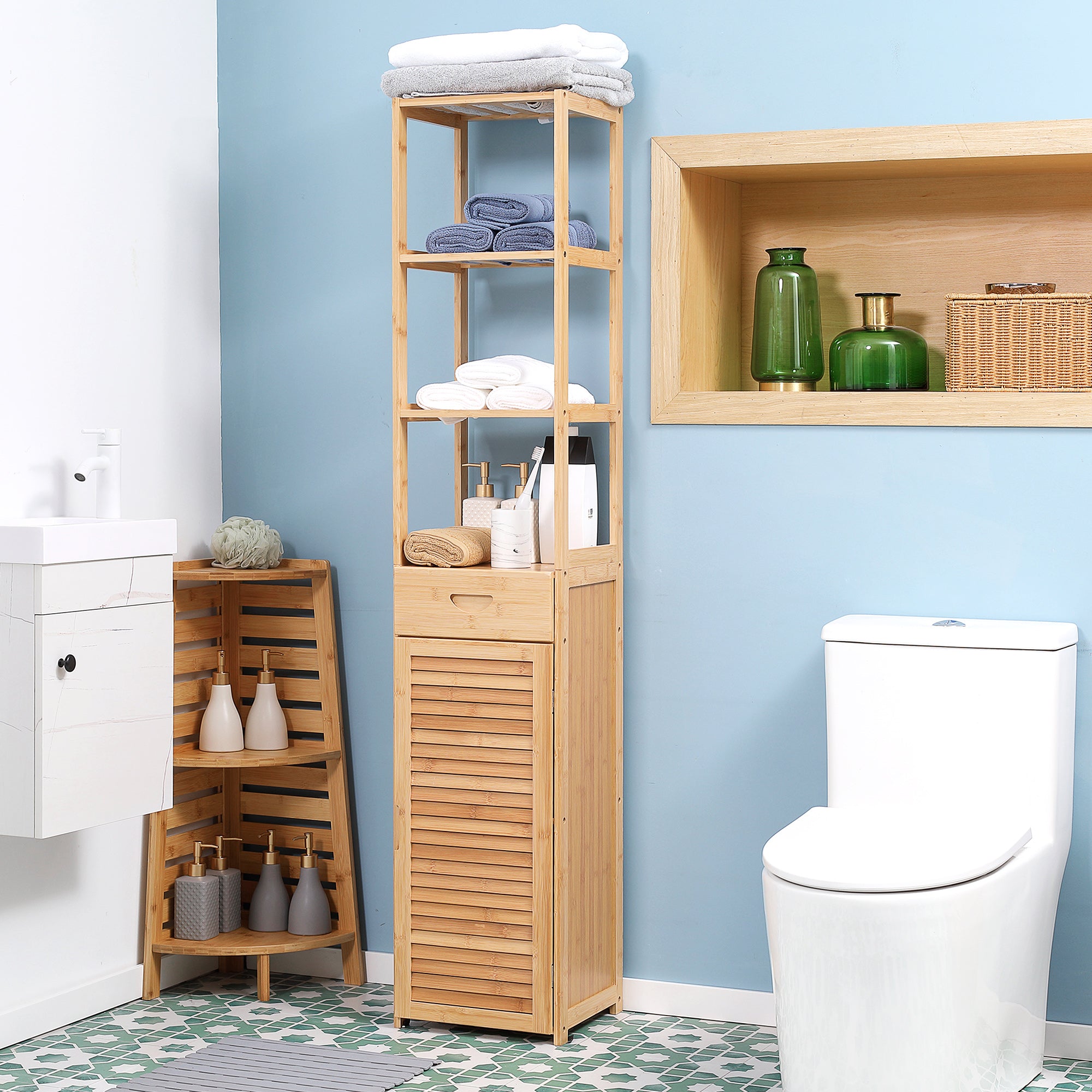 kleankin Bathroom Cabinet, Drawer, Shelves, Open Compartment, Natural Wood