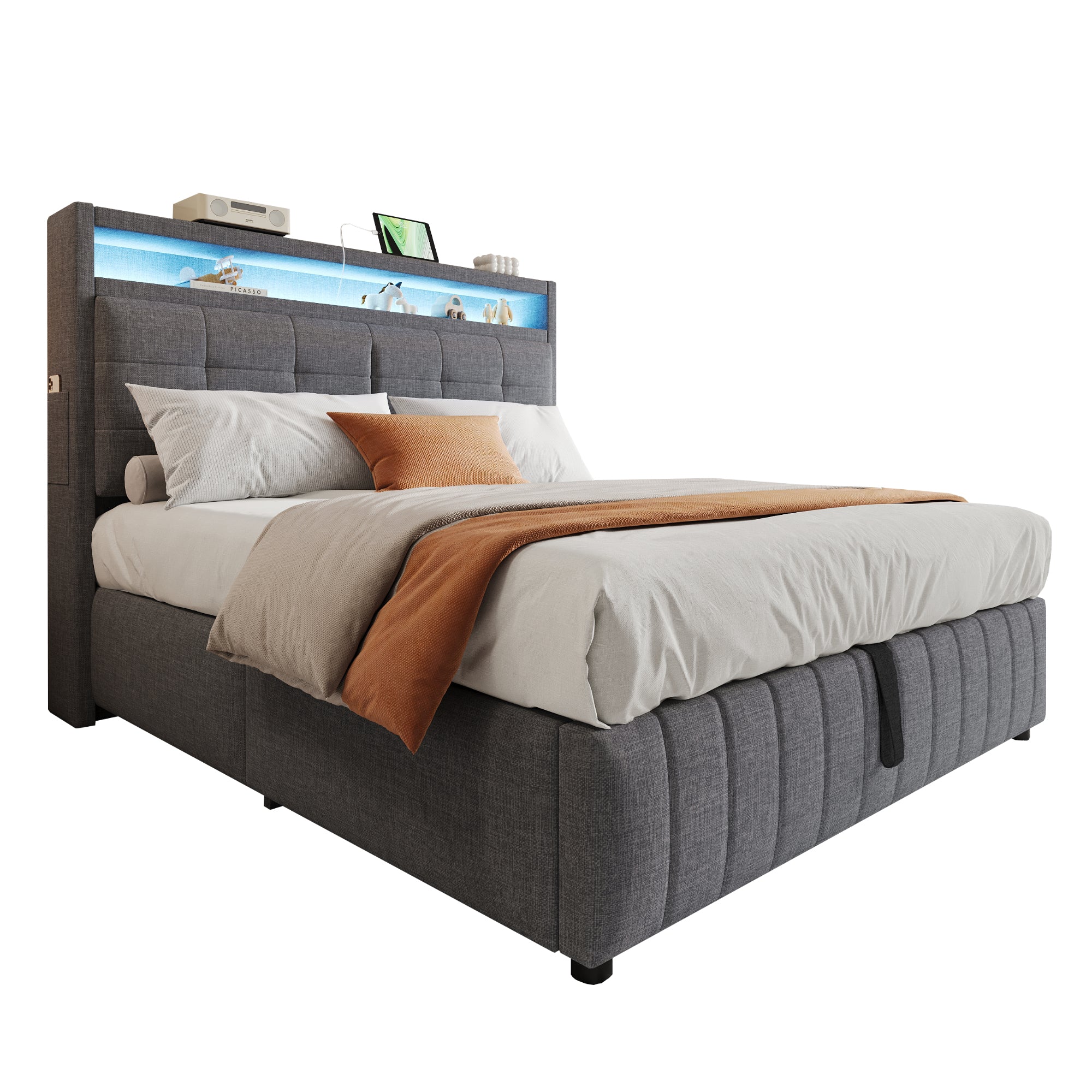 Upholstered Bed 160x200 cm, LED Lighting, USB Socket, Hydraulic Storage, Gray Linen