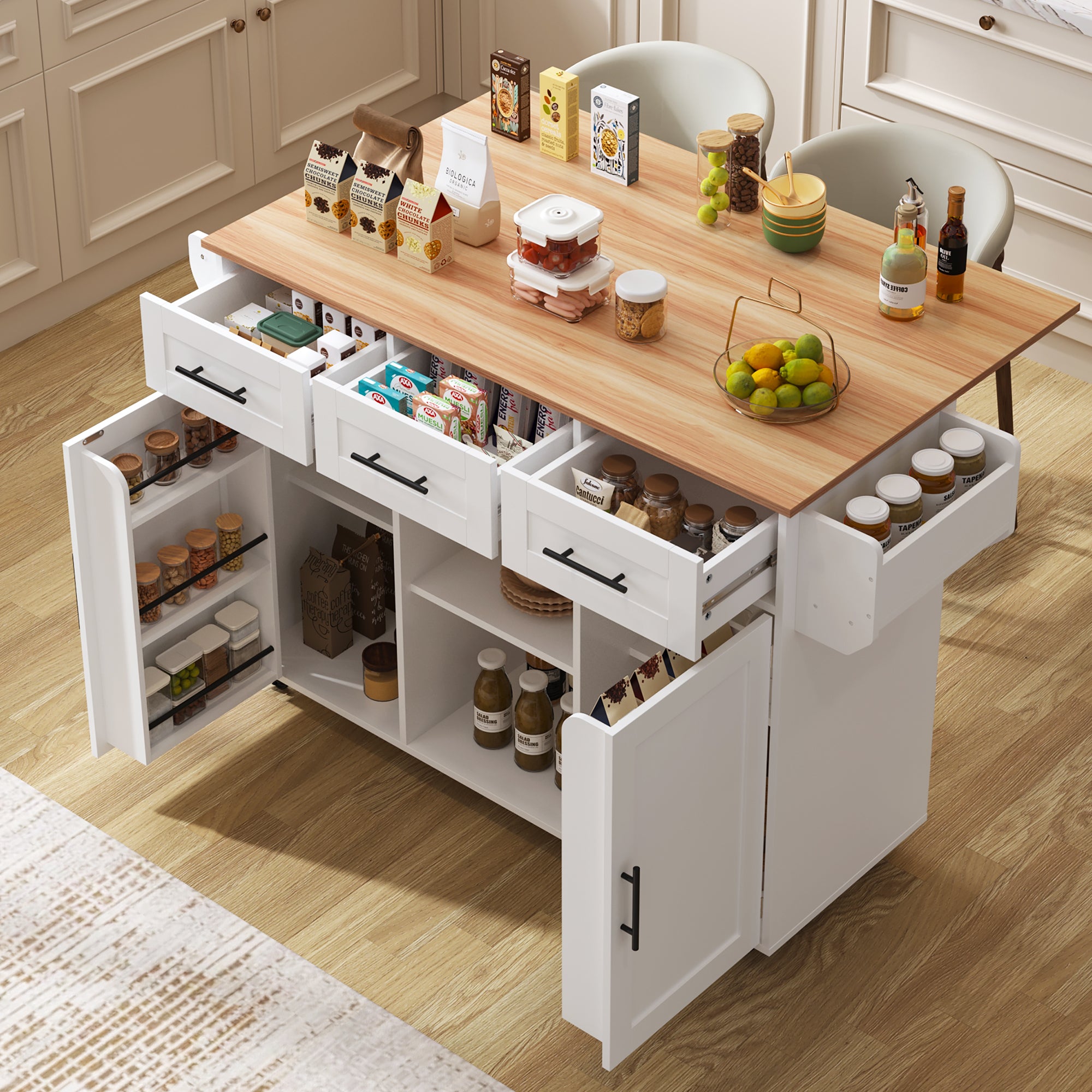 Dining Cart Sideboard 139cm Folding Worktop Storage on Wheels - White/Wood