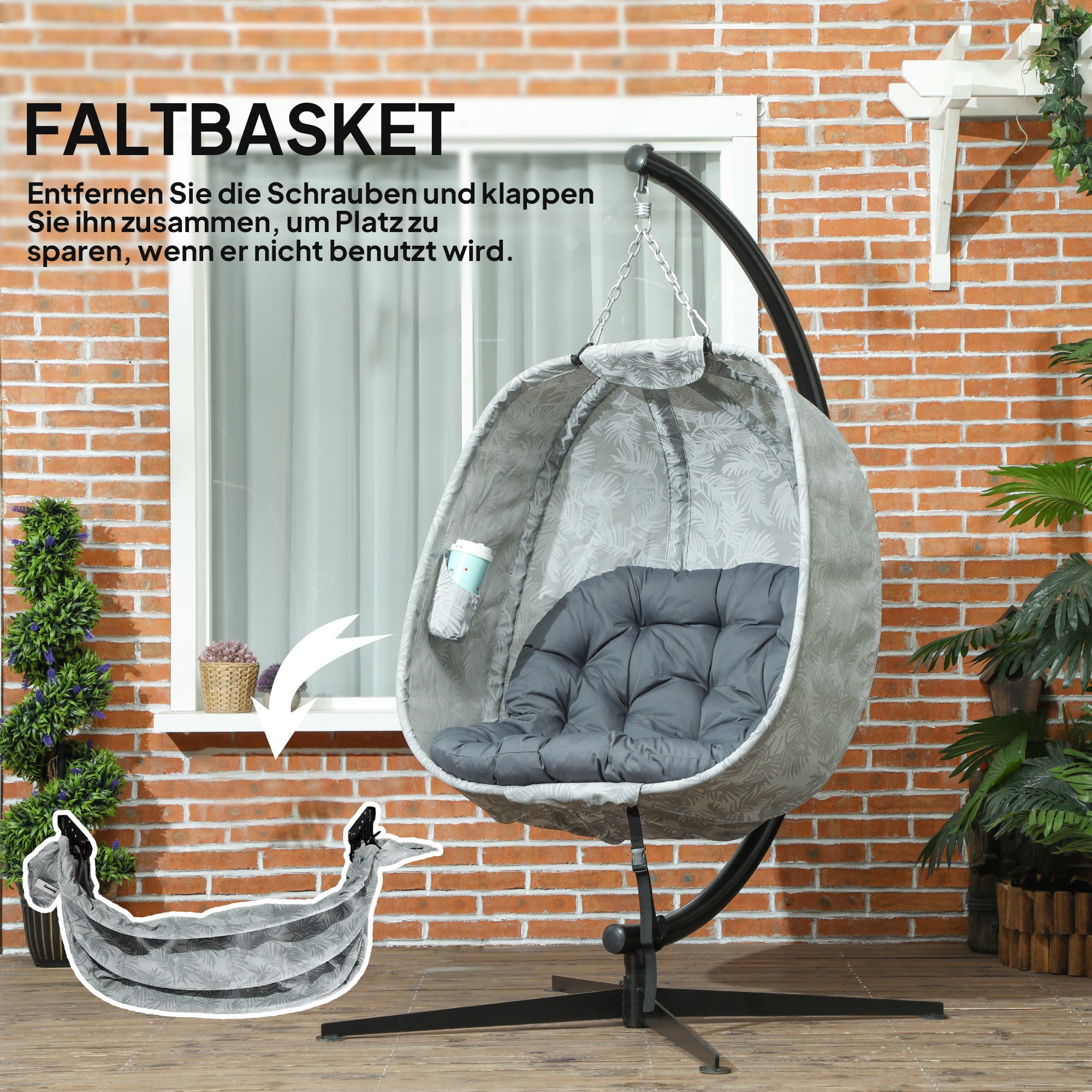 Egg-Shaped Outdoor Hanging Chair, Foldable Swing Hammock with Stand, Gray