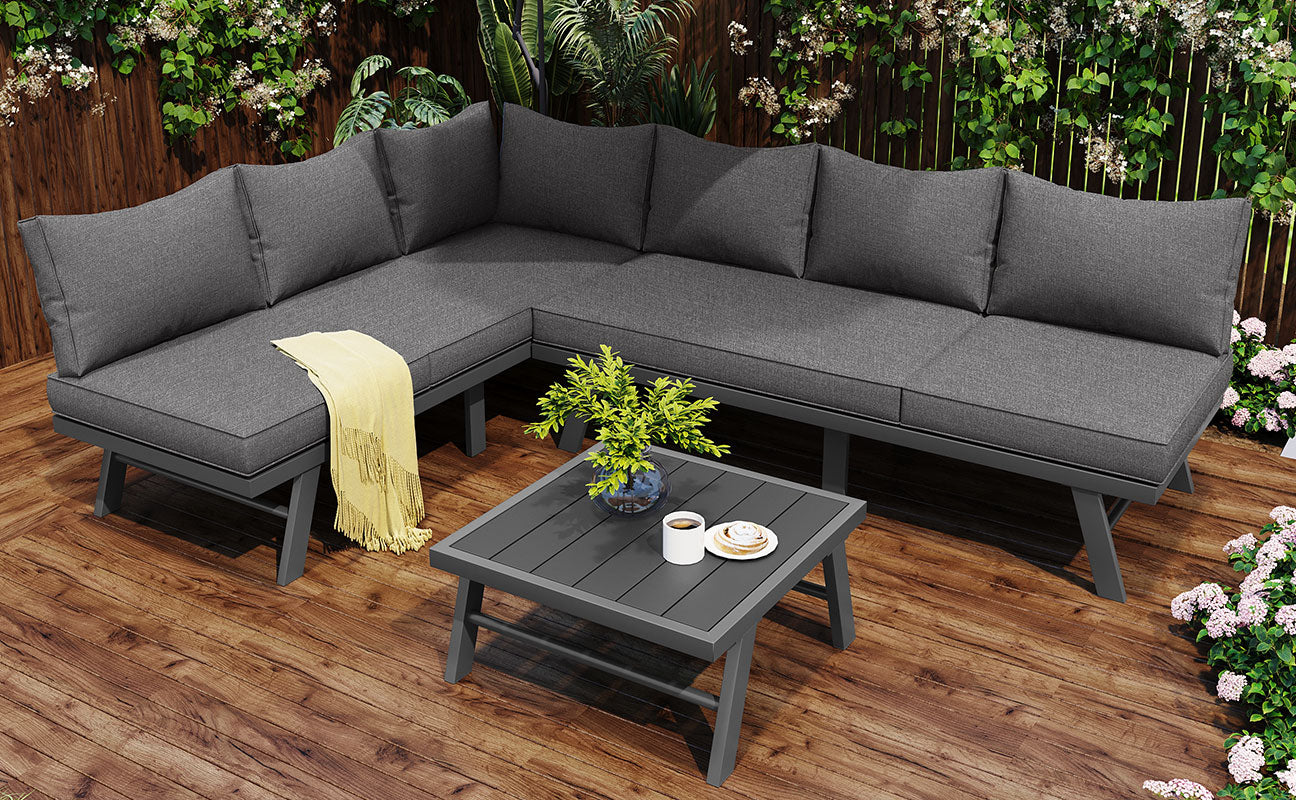 Garden furniture set lounge chair set 5-6 people 2 3-seater sofas 1 table with 7 gray cushions dark gray galvanized iron