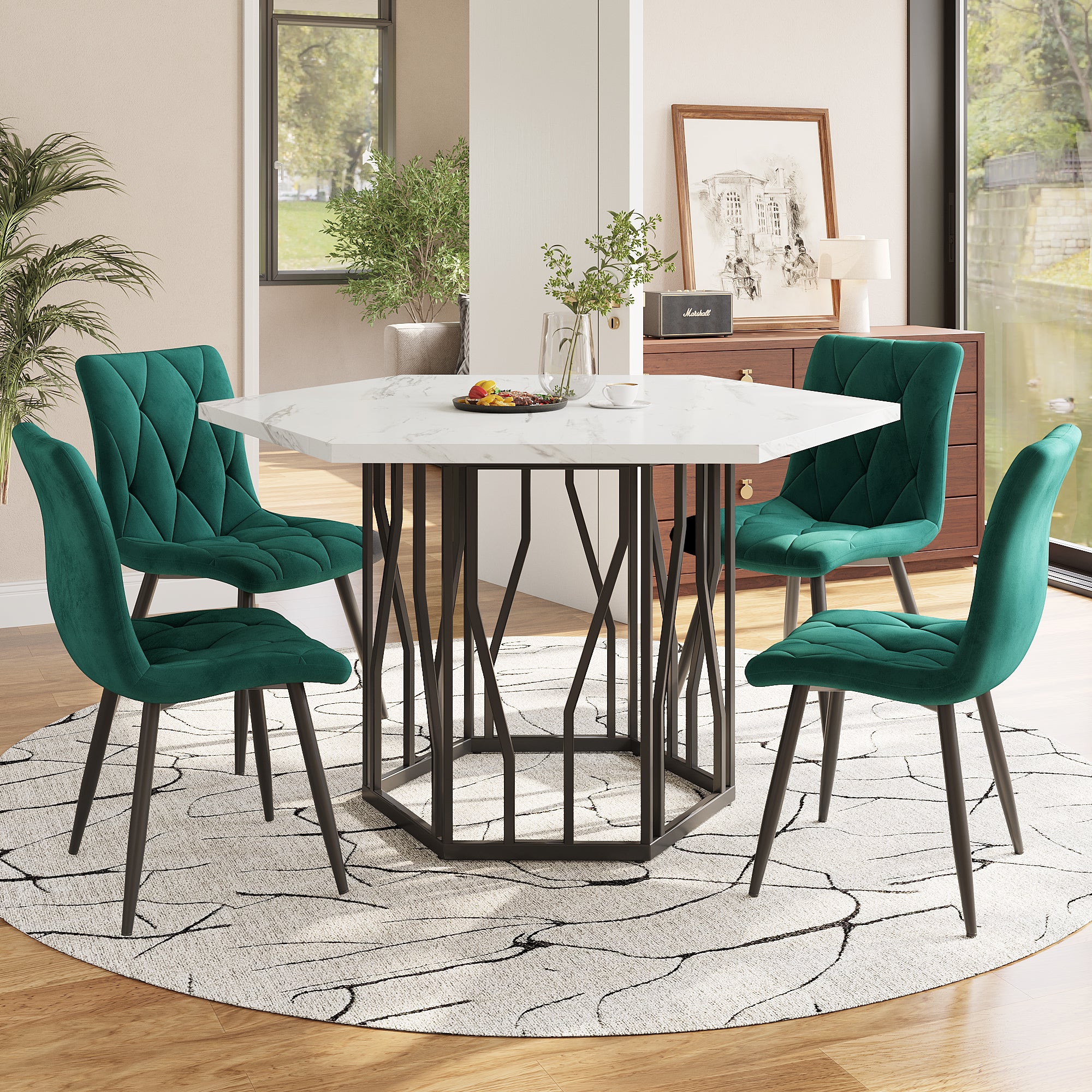 Dining Table and Chair Set 5-Piece Modern Hexagonal Marble Table 4 Green Velvet Chairs