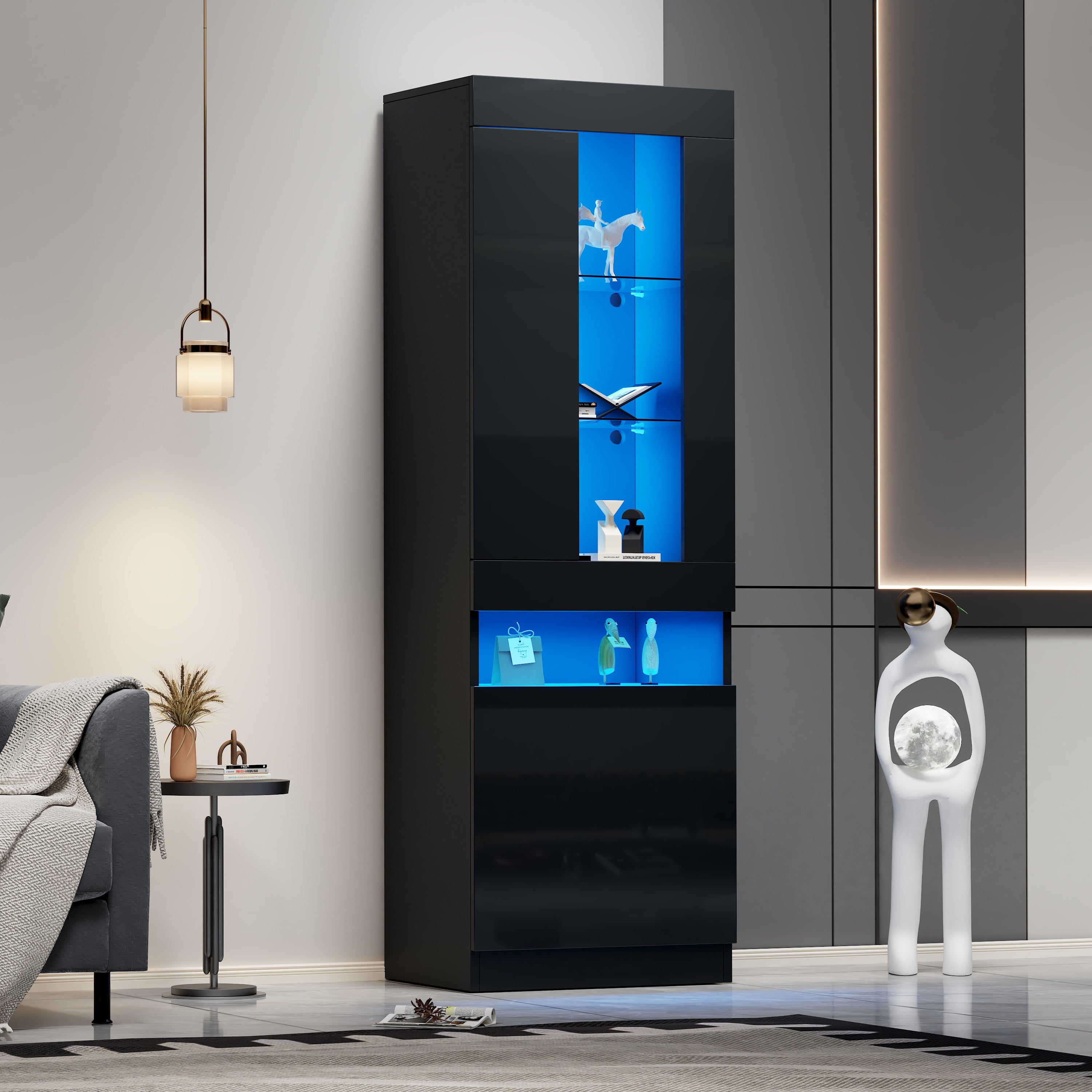 Display Cabinet, Freestanding Storage with LED Lighting, Black