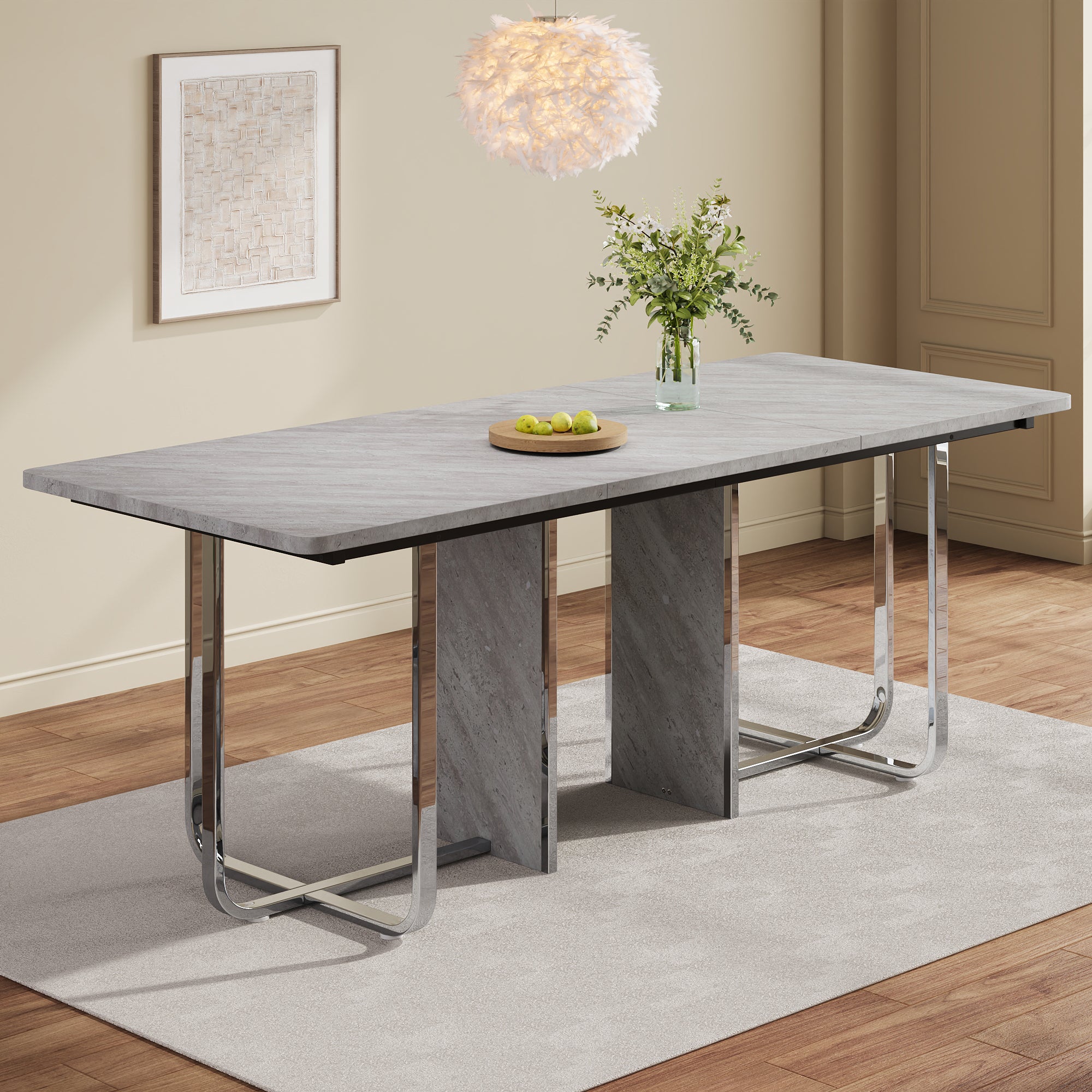 Dining Table 180x80cm Rectangular 6-Seater Metal Legs - Grey/Silver