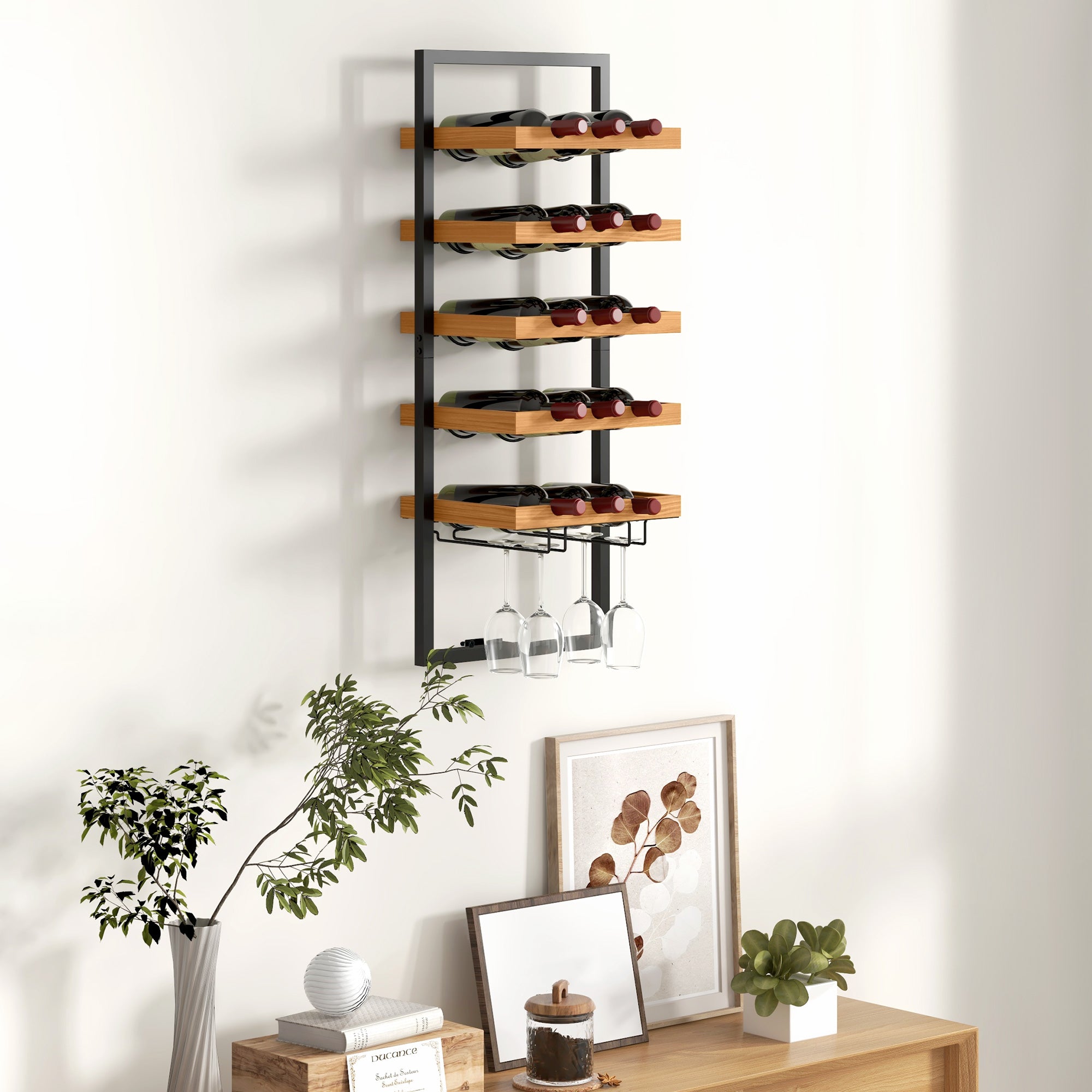 Wall-Mounted Wine Rack, 5 Tiers, 15 Bottles 4 Glasses, Pinewood Steel