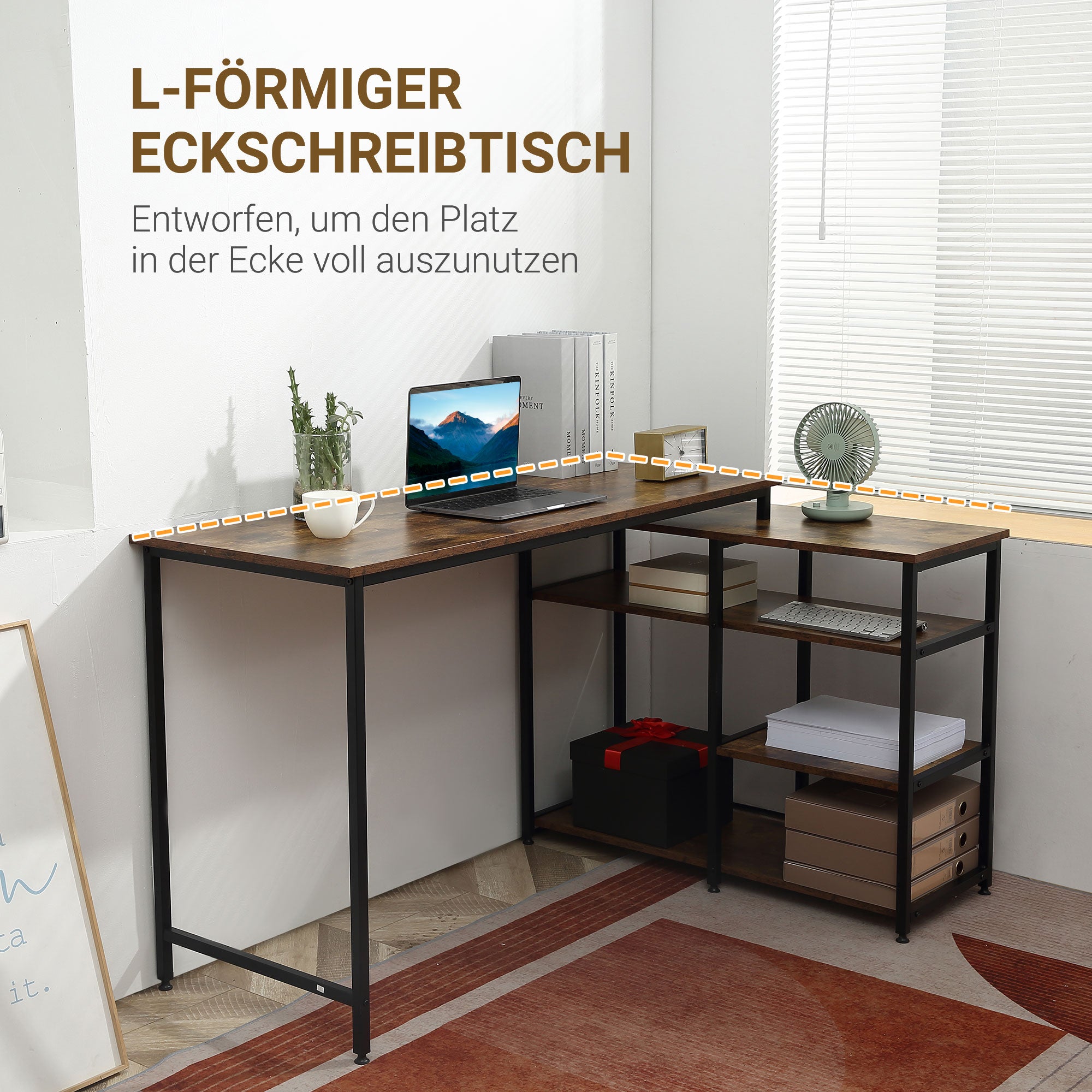 Corner Desk with Shelf and Drawer, L-Shaped, Rustic Brown Chipboard Metal