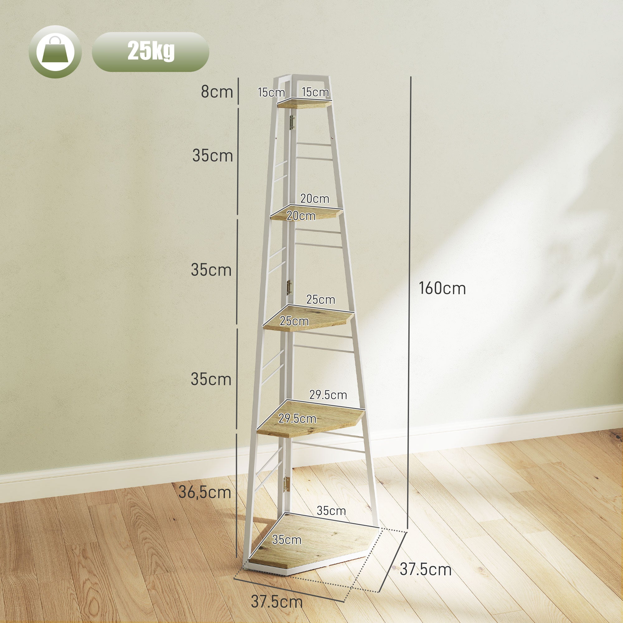 Five-Tier Corner Shelf Storage Unit, White/Wood-Effect