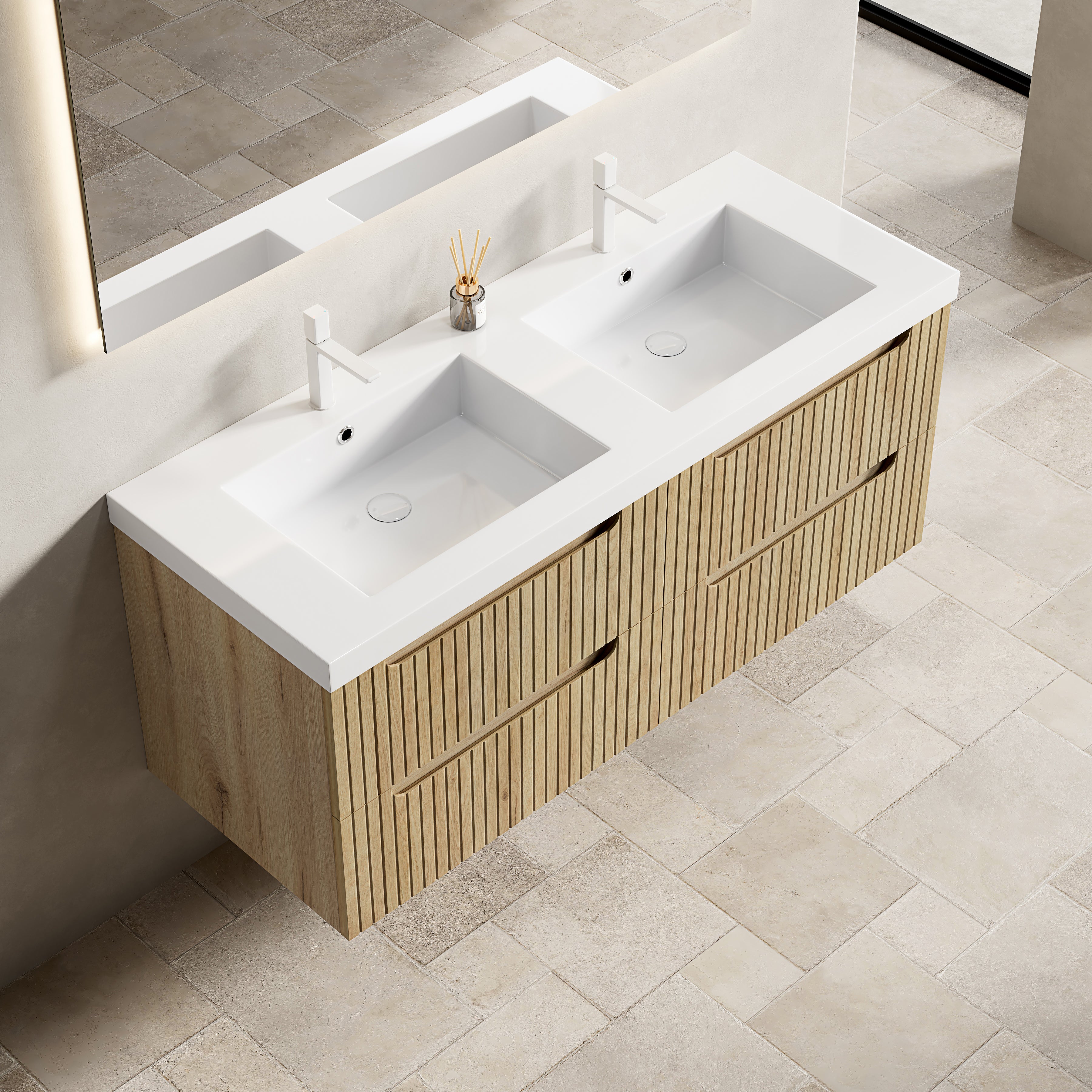 Floating Bathroom Vanity Unit with 2 Undermount Sinks and 4 Drawers, White Oak Wood Grain