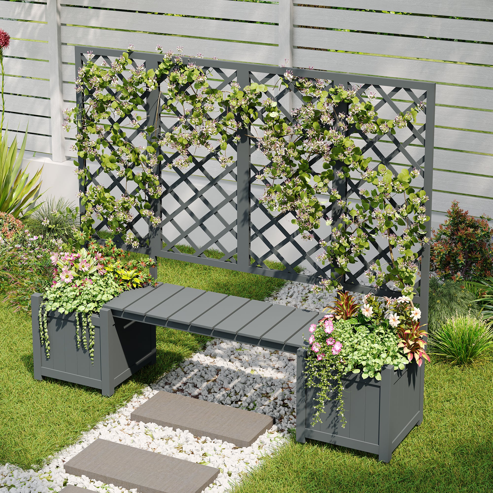 Planter Box with Trellis and Seating - Solid Grey Fir