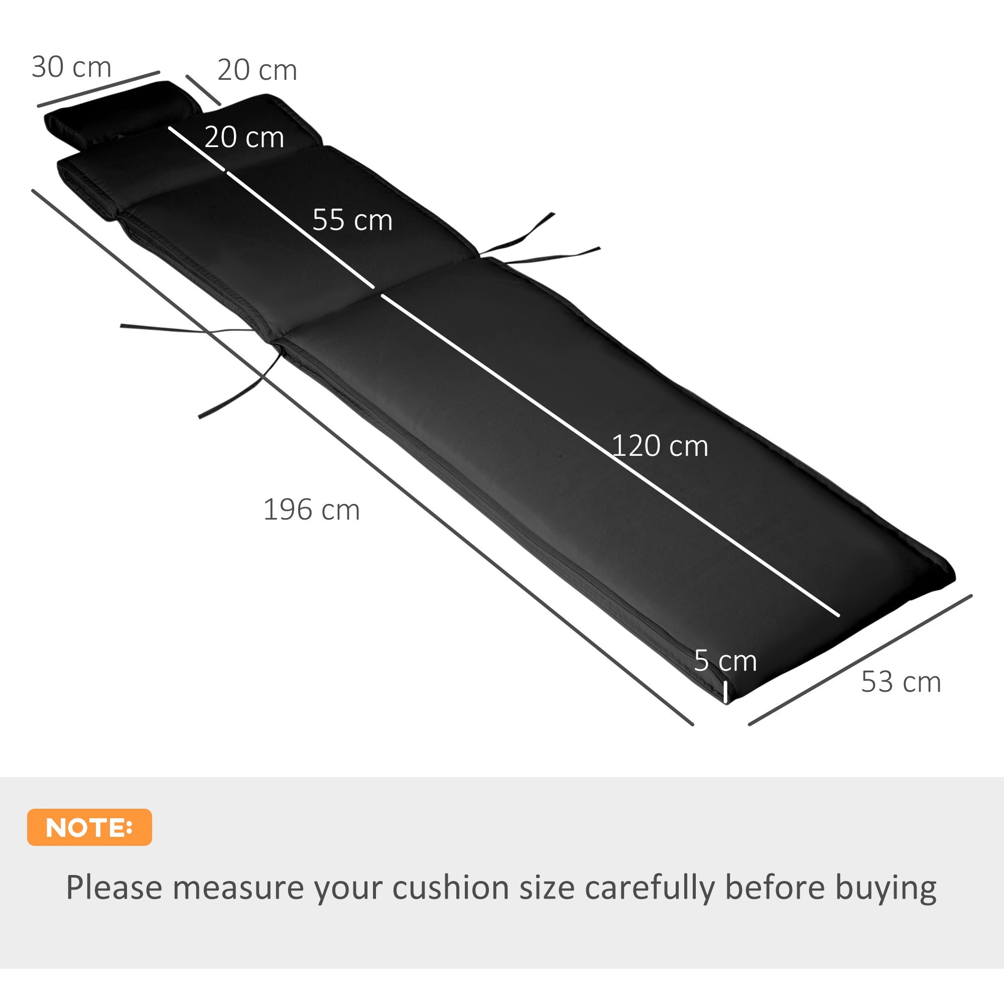 Garden Sun Lounger Cushion Replacement, Thick Sunbed Relaxer Pad with Pillow, Black