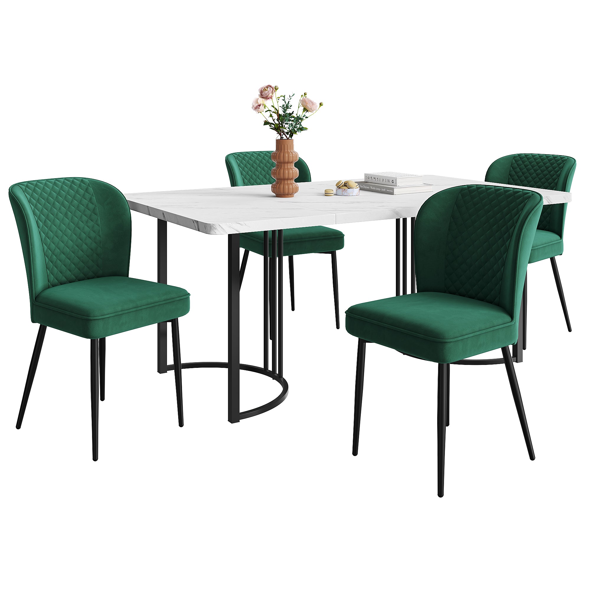 Dining Set, 4 Chairs, Modern Kitchen Table, Dark Green Velvet & White MDF
