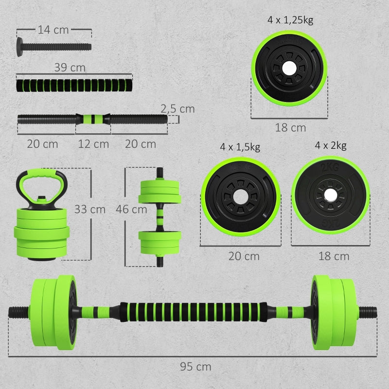 4 in 1 Dumbbell Set 20kg Adjustable Barbell Kettlebell Push-up Handles - Green