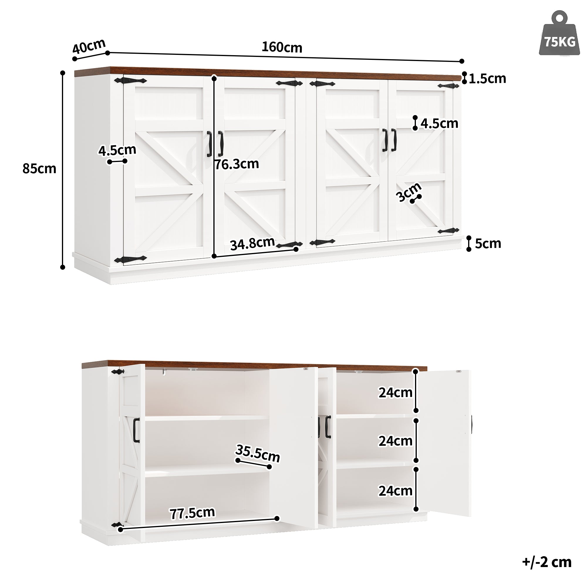 Country Sideboard 4 Doors 160x40x85cm Adjustable Shelves - White