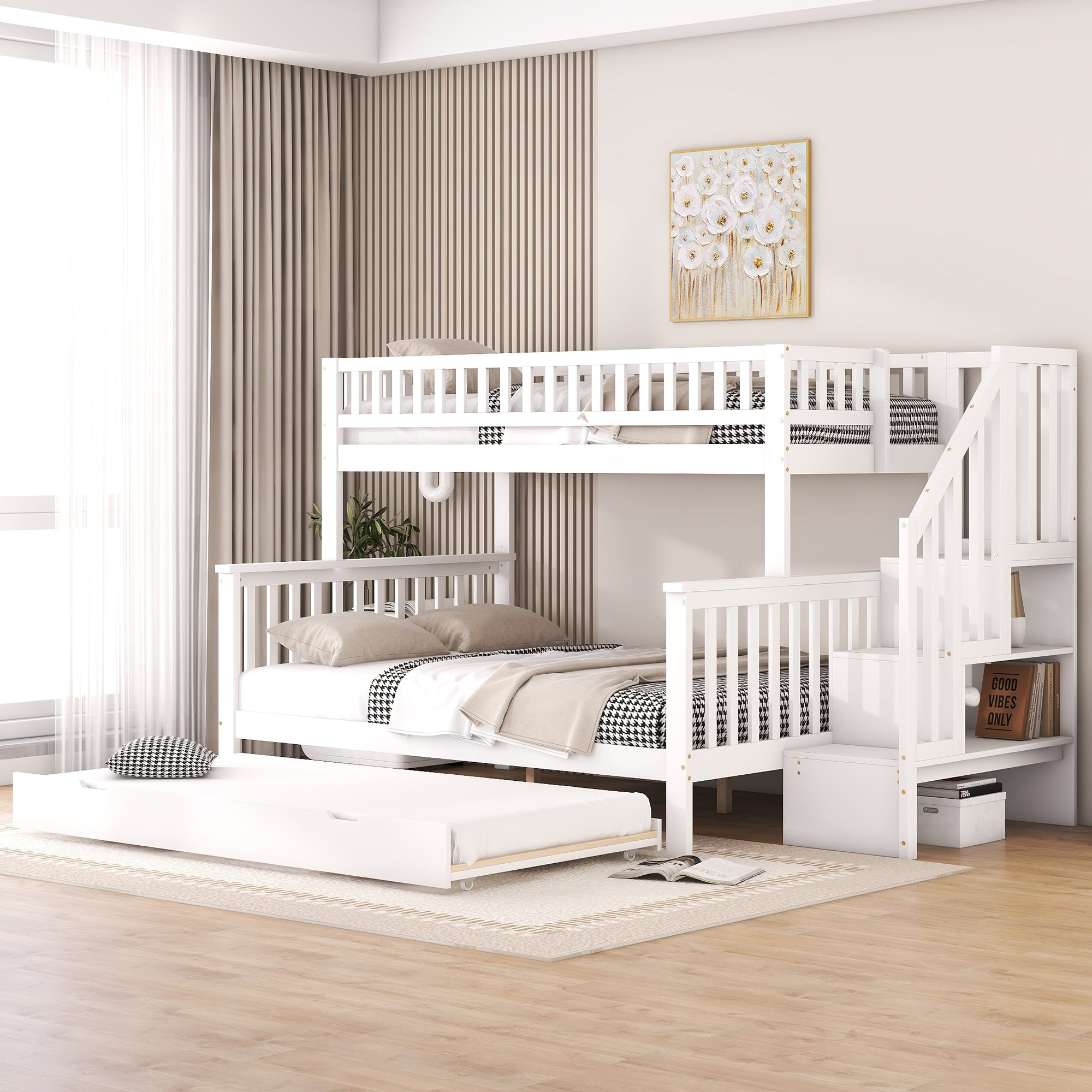 Bunk Bed 90x200/140x200cm with Storage Container & Stairs, Pine/White
