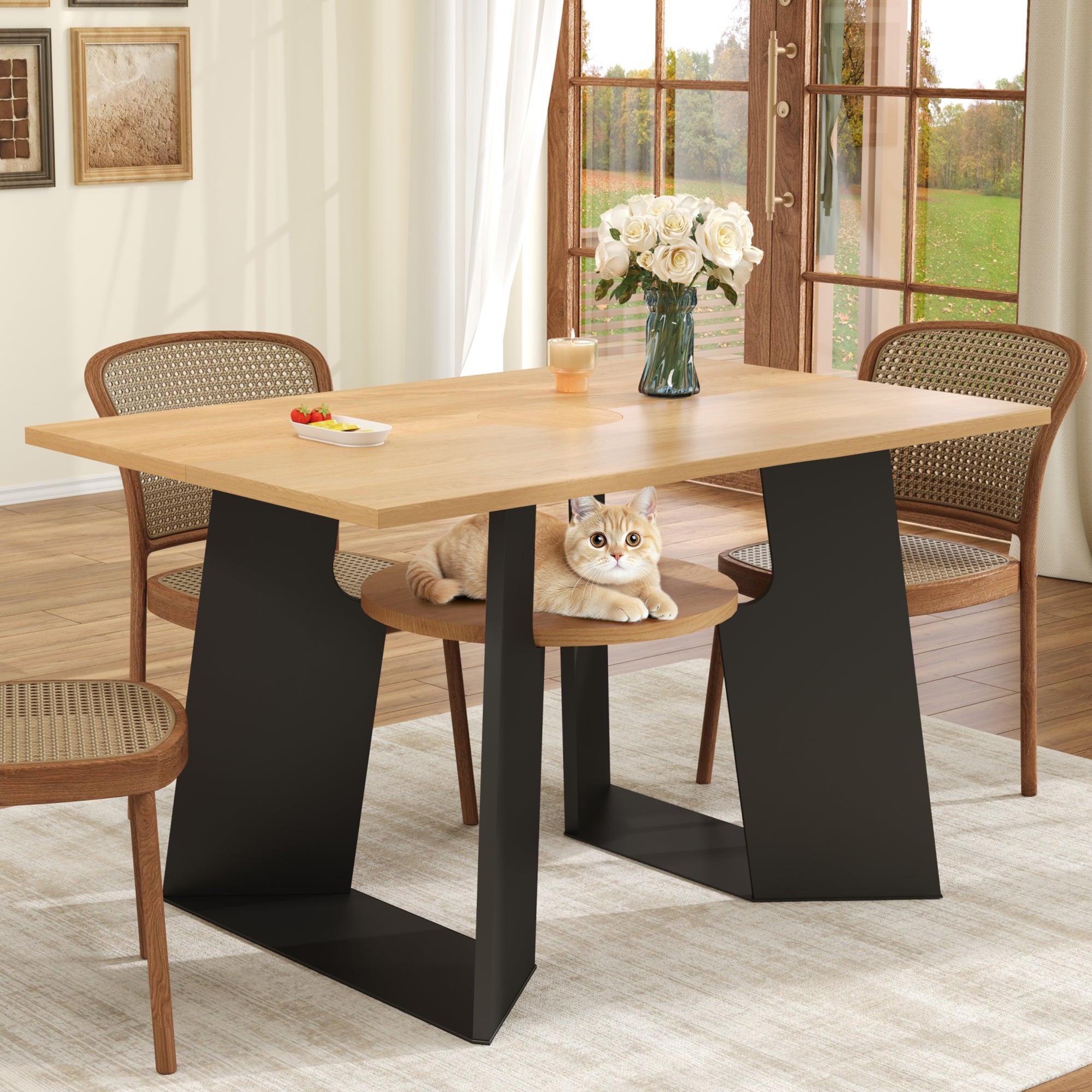 Pet-Friendly Dining Table 6 Seater Pet Area Shelf - Natural Wood/Black Mix