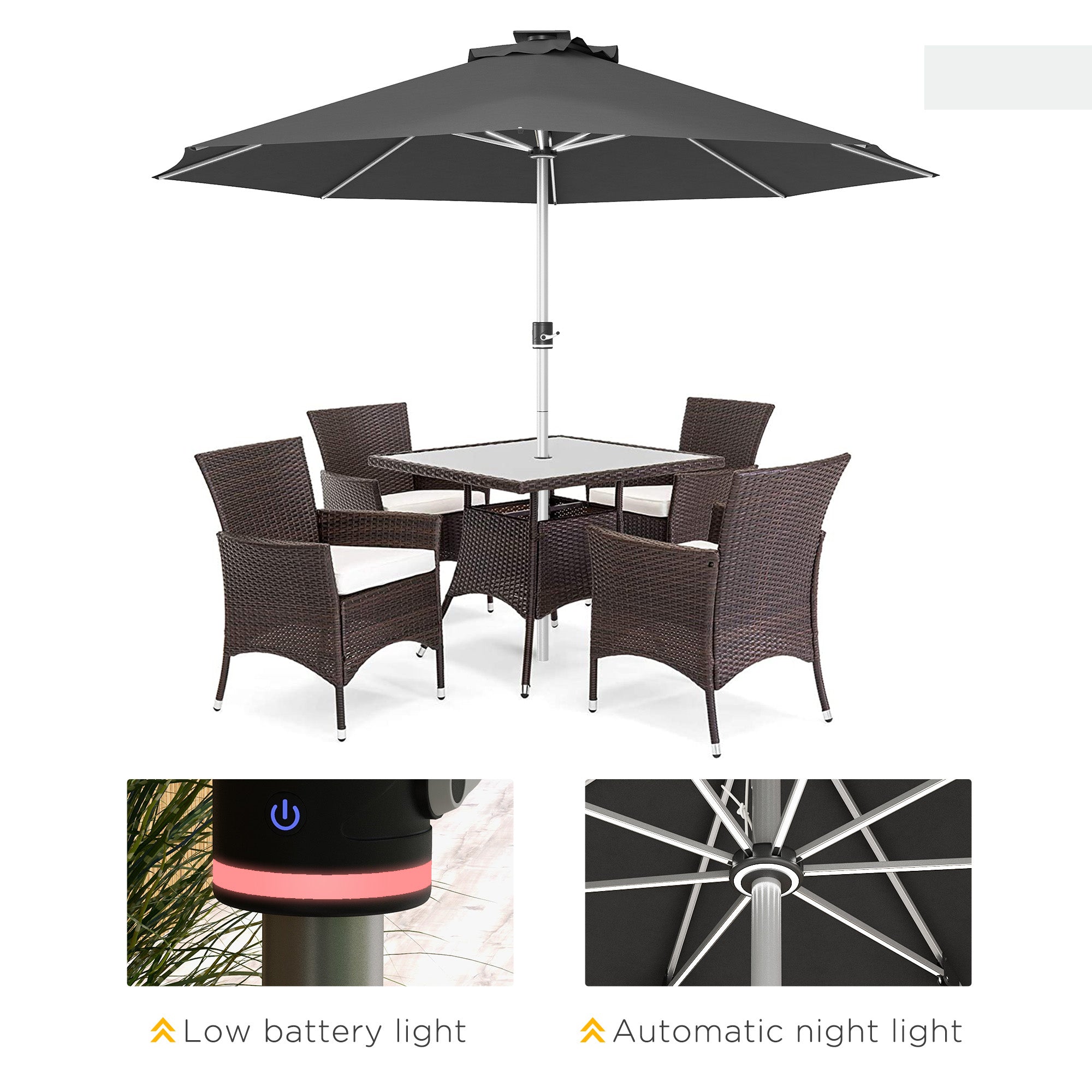 3m Parasol, Solar LED Lights, Grey