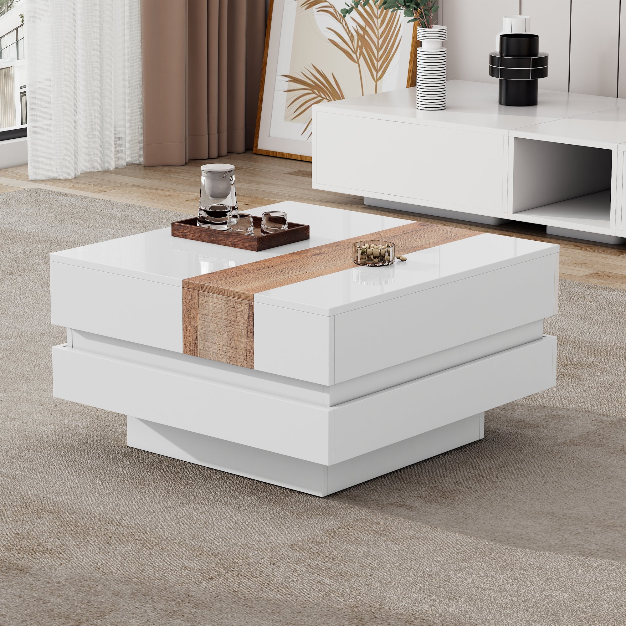 Coffee Table, Square with Extendable Top & Hidden Storage, White High Gloss