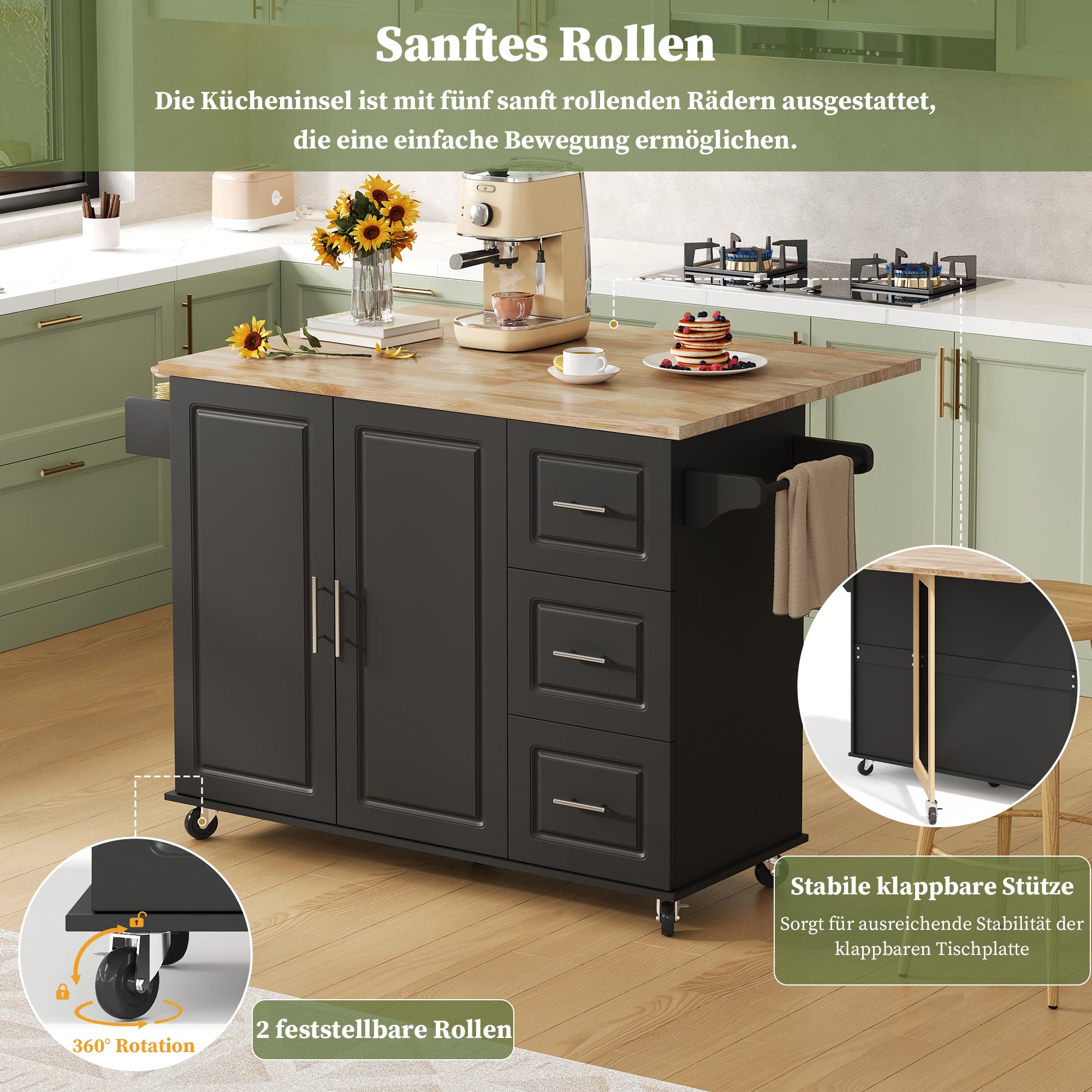 Mobile Kitchen Table with Foldable Worktop and 3 Drawers, Oak Look