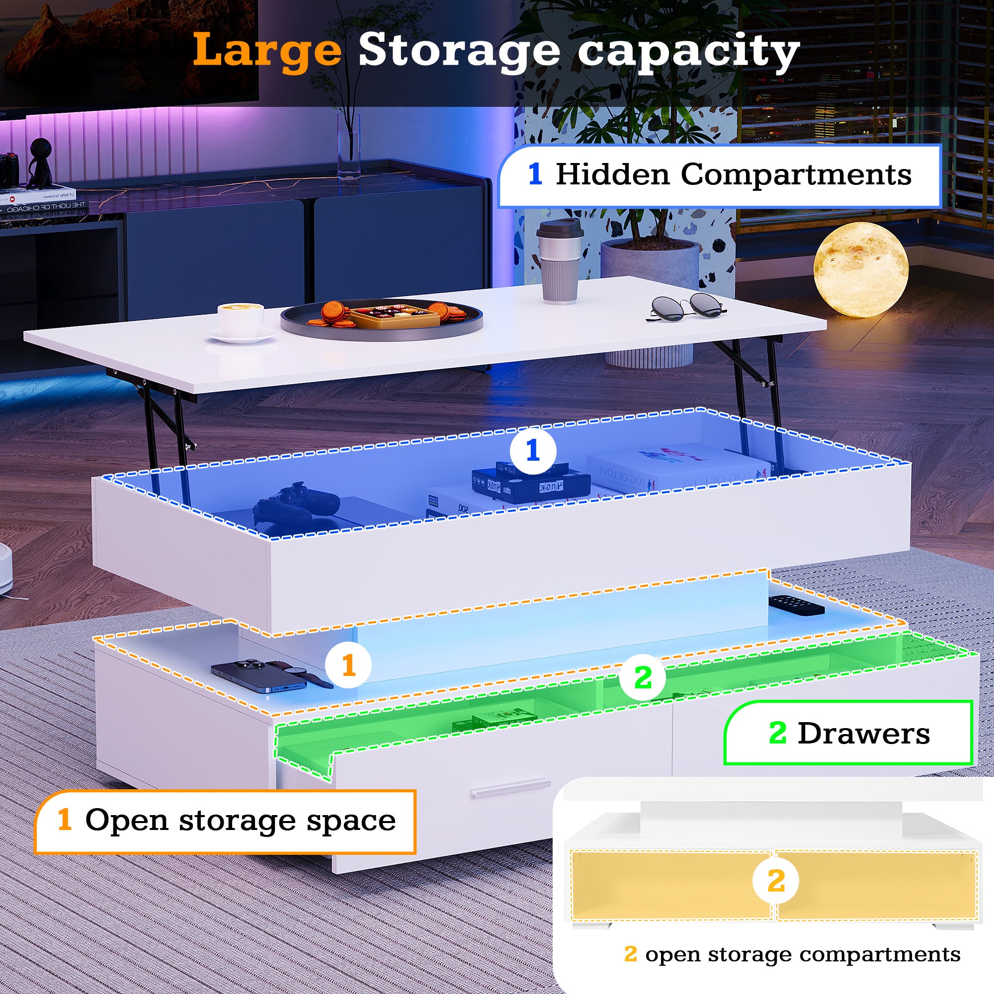 Hydraulic Height-Adjustable Coffee Table, LED Lighting, Bluetooth Control, 2 Drawers, White