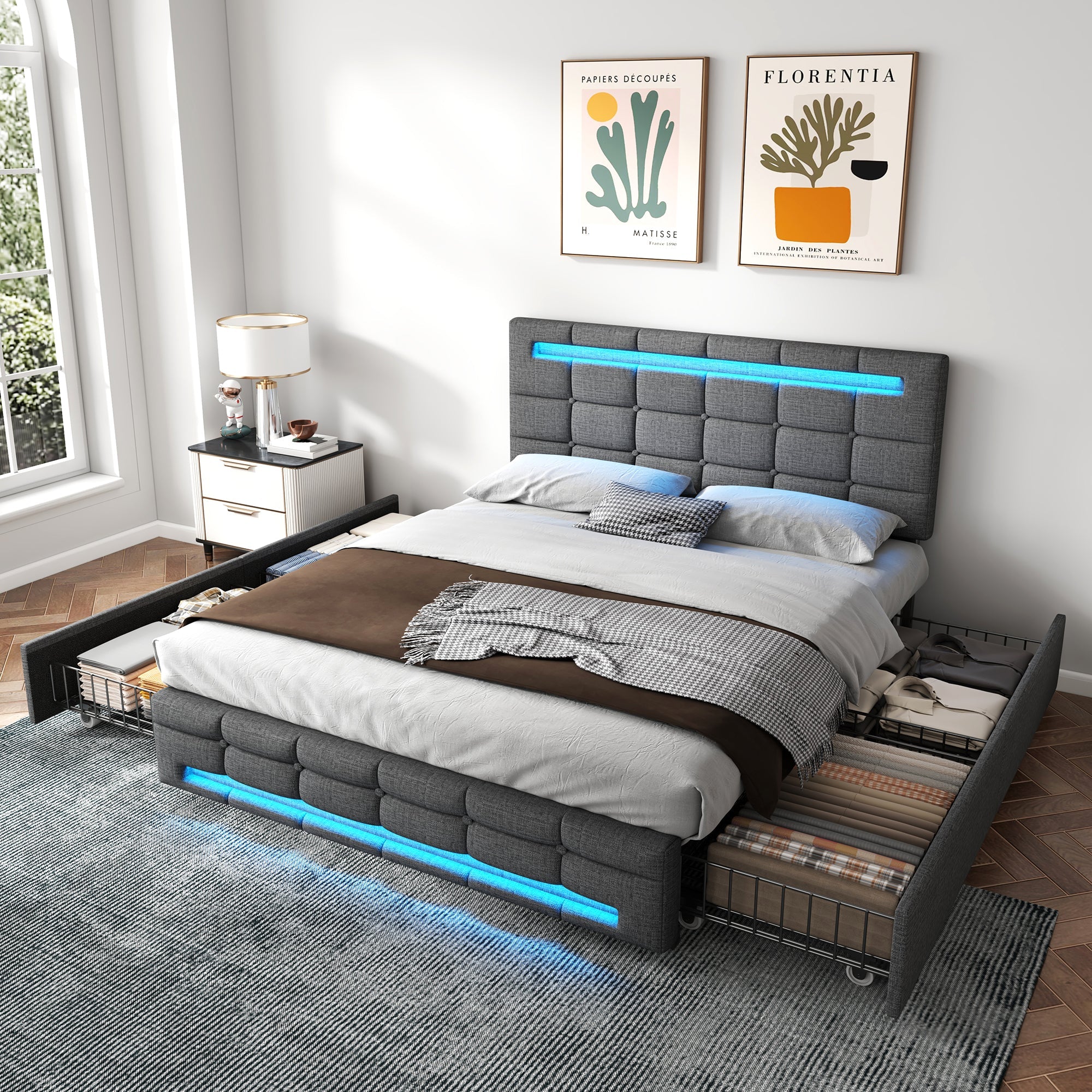 4ft6 Double Upholstered Bed with LED Lighting, Storage Drawers, Adjustable Button Tufted Headboard, Linen Fabric, Grey