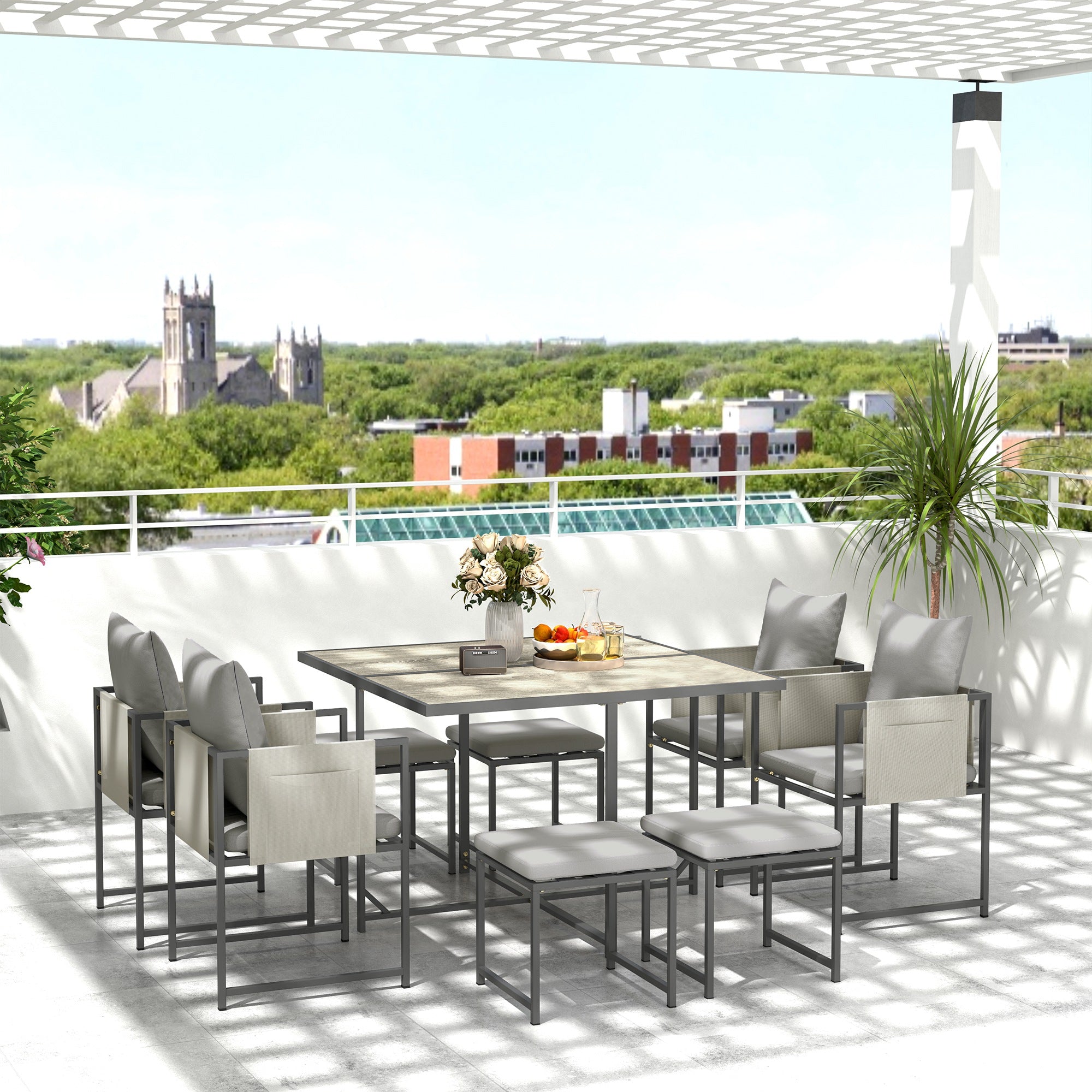 Nine-Piece Garden Dining Set, Steel Frame, Grey
