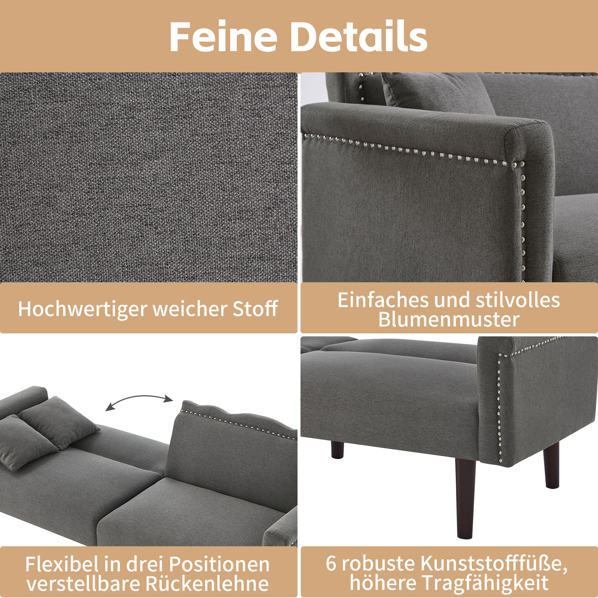 Sofa Bed, 2-in-1 Multifunctional Two-Seater, Adjustable Backrests, Cotton Linen Fabric