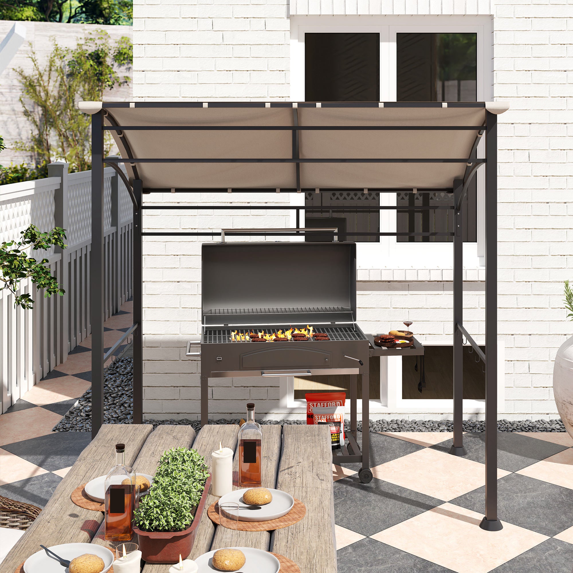 BBQ Grill Gazebo Tent 2.2x1.5m Metal Frame Curved Canopy 10 Hooks, Khaki