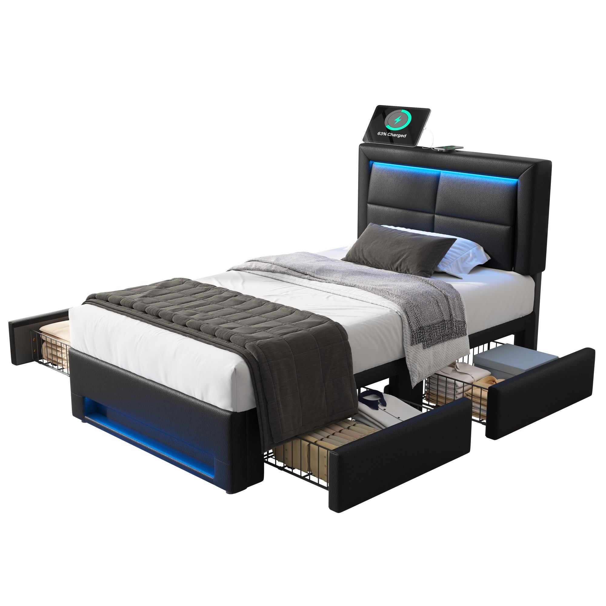 Upholstered Bed 90x190cm USB Charging LED Lighting 4 Drawers - PU Lychee Black