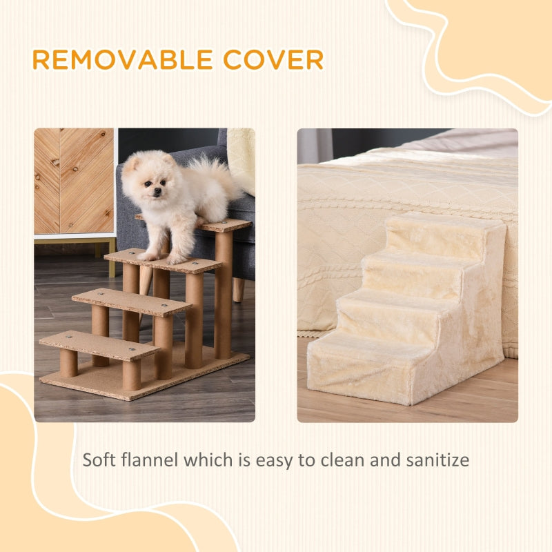 Four-Step Dog Stairs, Washable Plush Cover, Beige