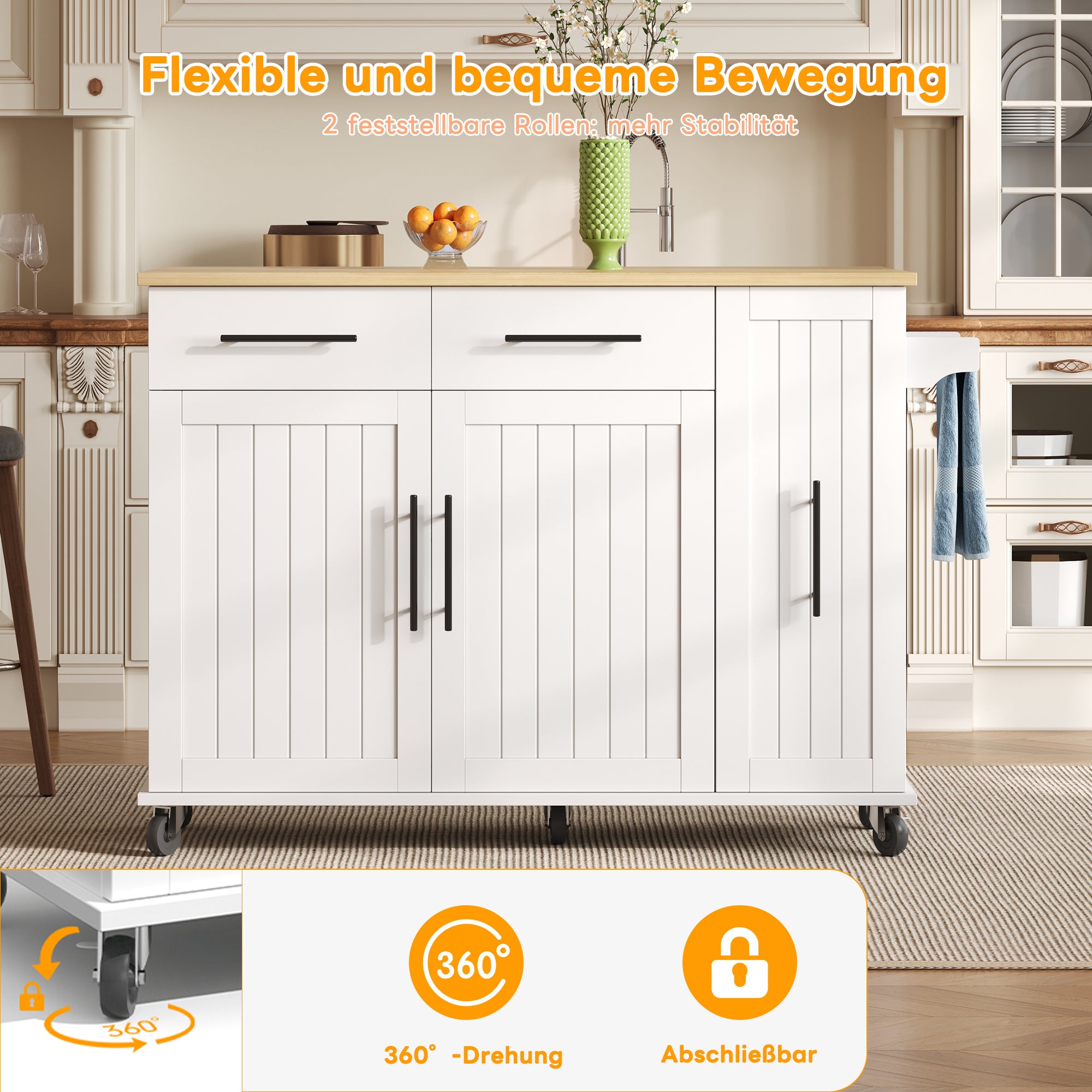 Kitchen Island Drop Leaf Storage Cart Rolling 3-Tier Pull-Out Organizer White