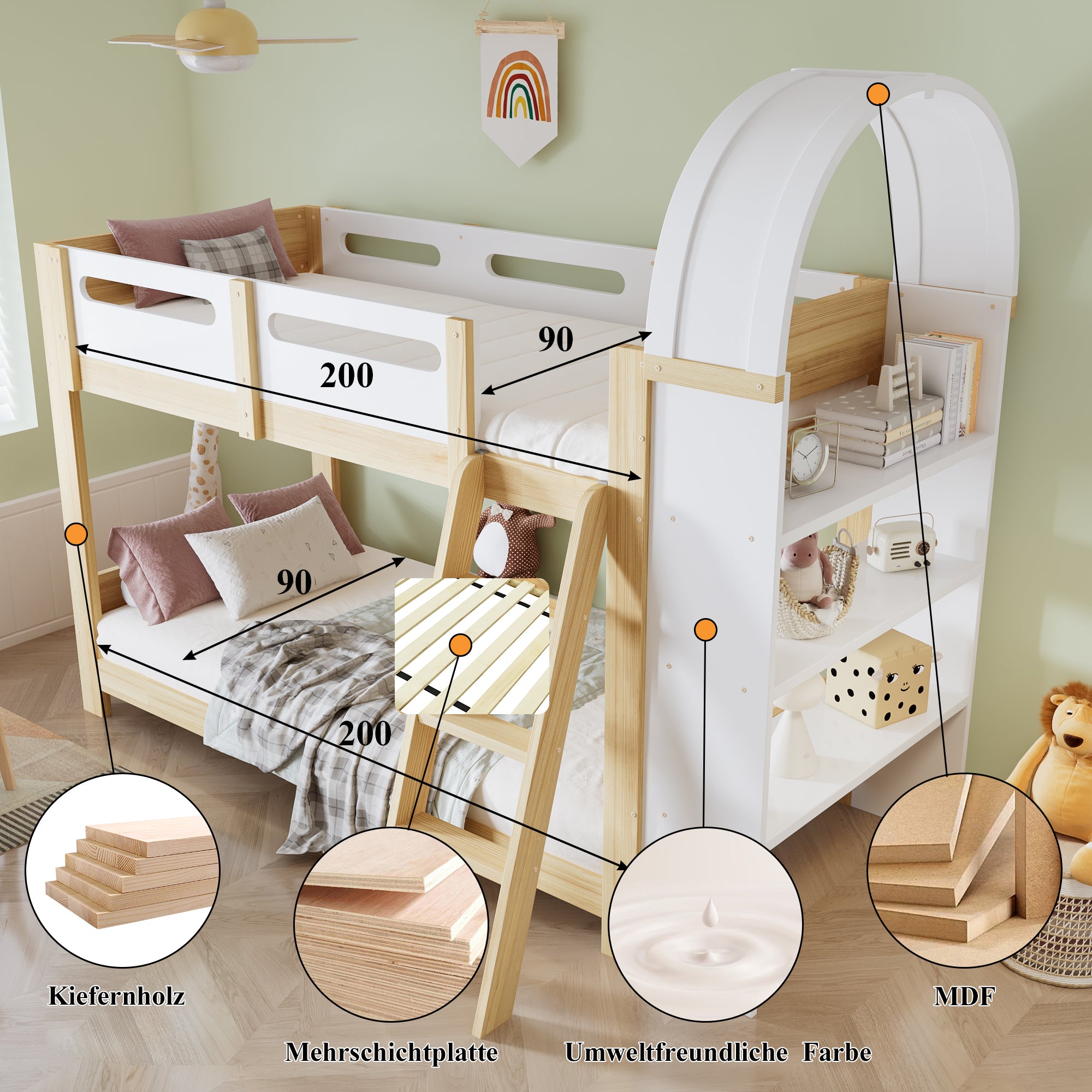 Bunk Bed with Shelf, Rail, & Ladder, Pine + MDF + Plywood, White + Natural