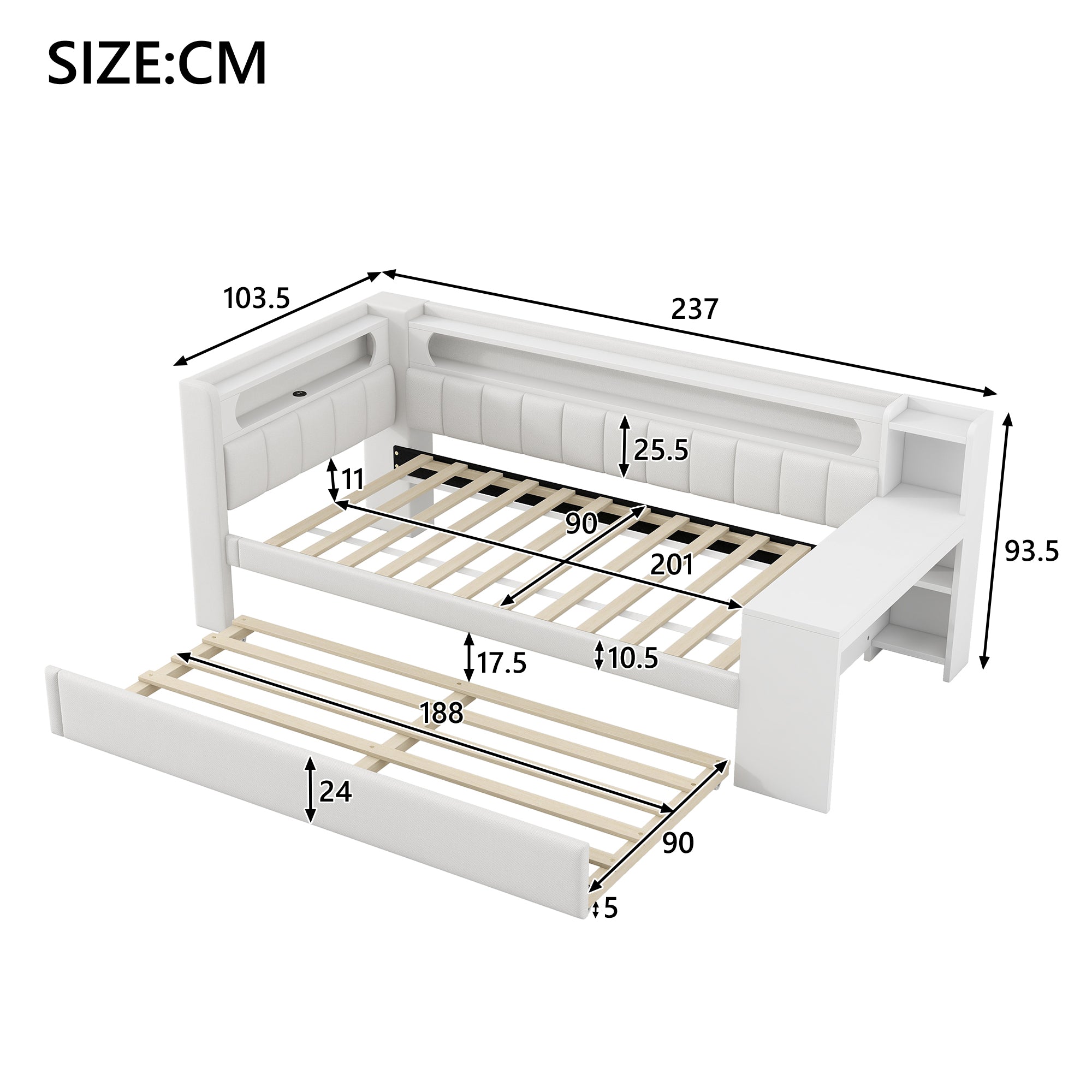 Daybed Upholstered 90x200cm Pull-out Bed Desk LED USB - White