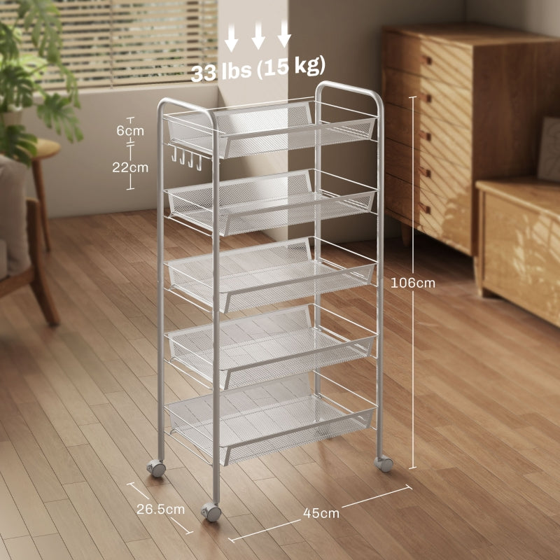 Storage Trolley 5-Tier Mesh Basket with Wheels, White Steel